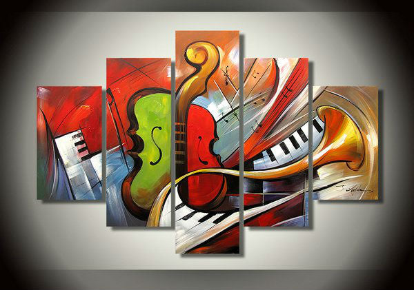 5 Piece Modern colorful abstract violin musical instruments wall art oil paintings