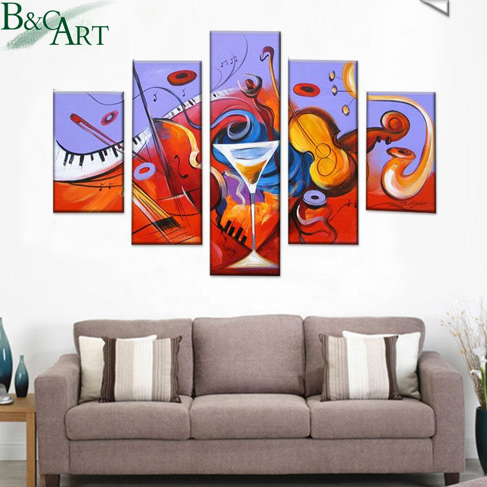 5 Piece Modern colorful abstract violin musical instruments wall art oil paintings