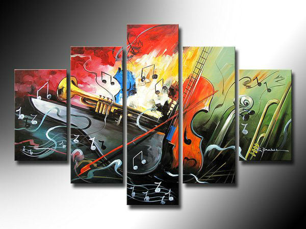 5 Piece Modern colorful abstract violin musical instruments wall art oil paintings