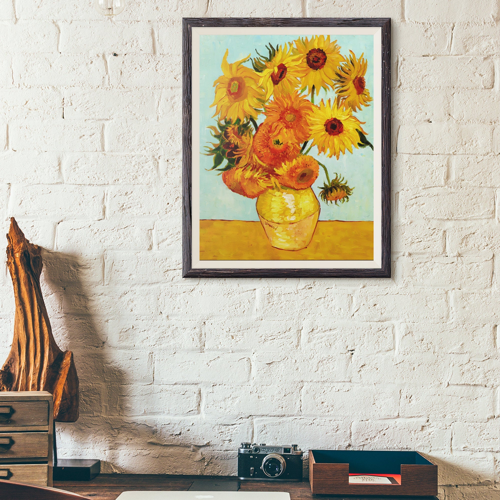 Beautiful bright yellow sunflower painting in vase Vincent van Gogh painting | 100% handmade | floral oil painting