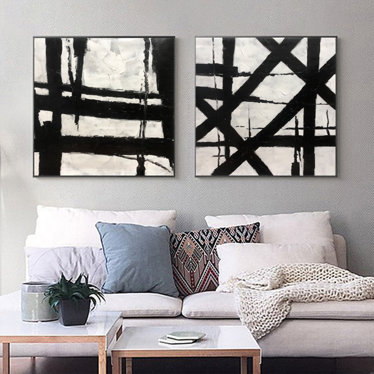 2 piece wall art abstract Square Black and white abstract wall art set of 2 | Original oil on canvas modern abstract heavy textured painting