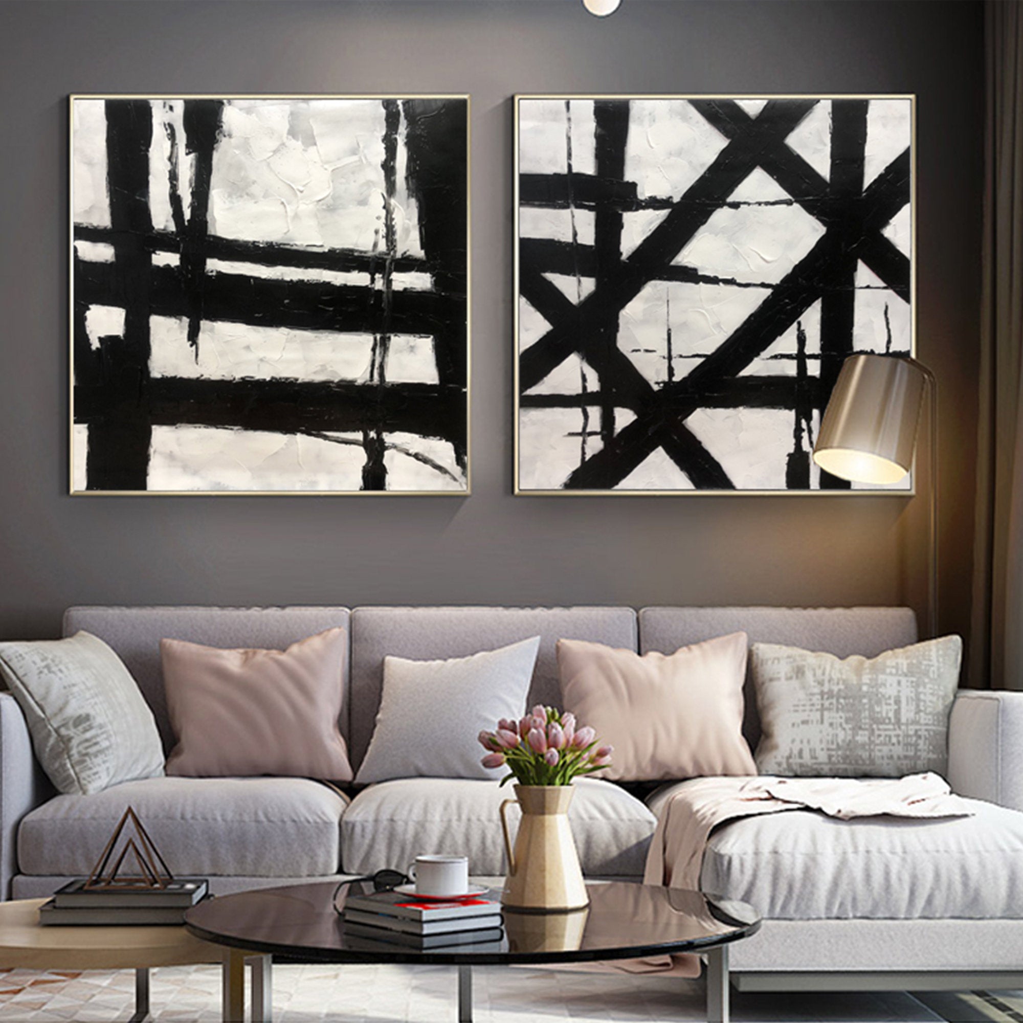 2 piece wall art abstract Square Black and white abstract wall art set of 2 | Original oil on canvas modern abstract heavy textured painting