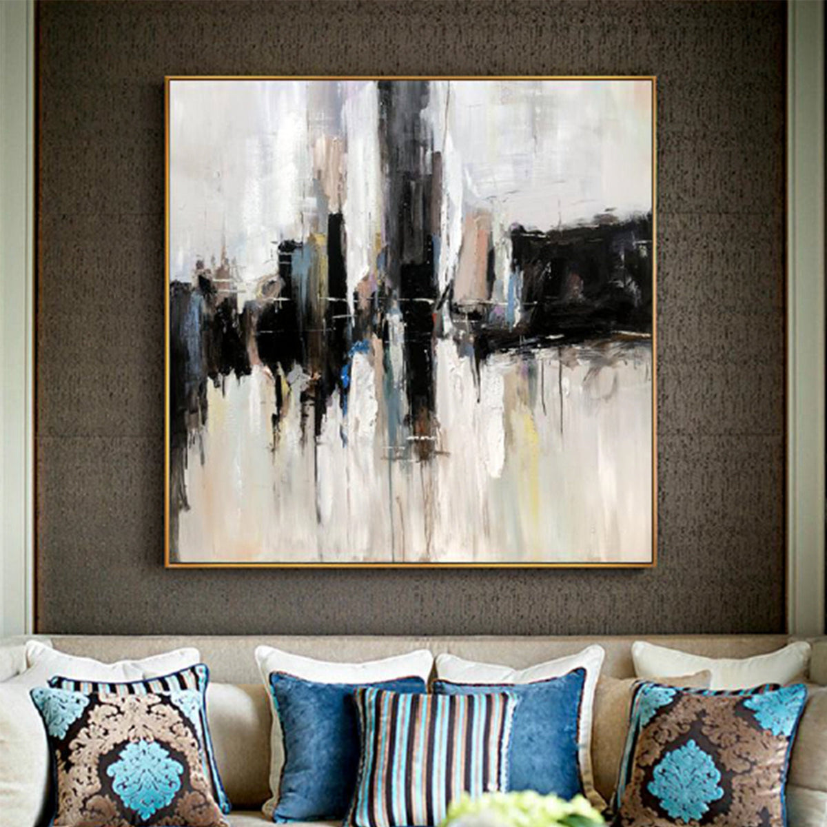 Square Modern Abstract Landscape City Skyline heavy textured Oil Painting