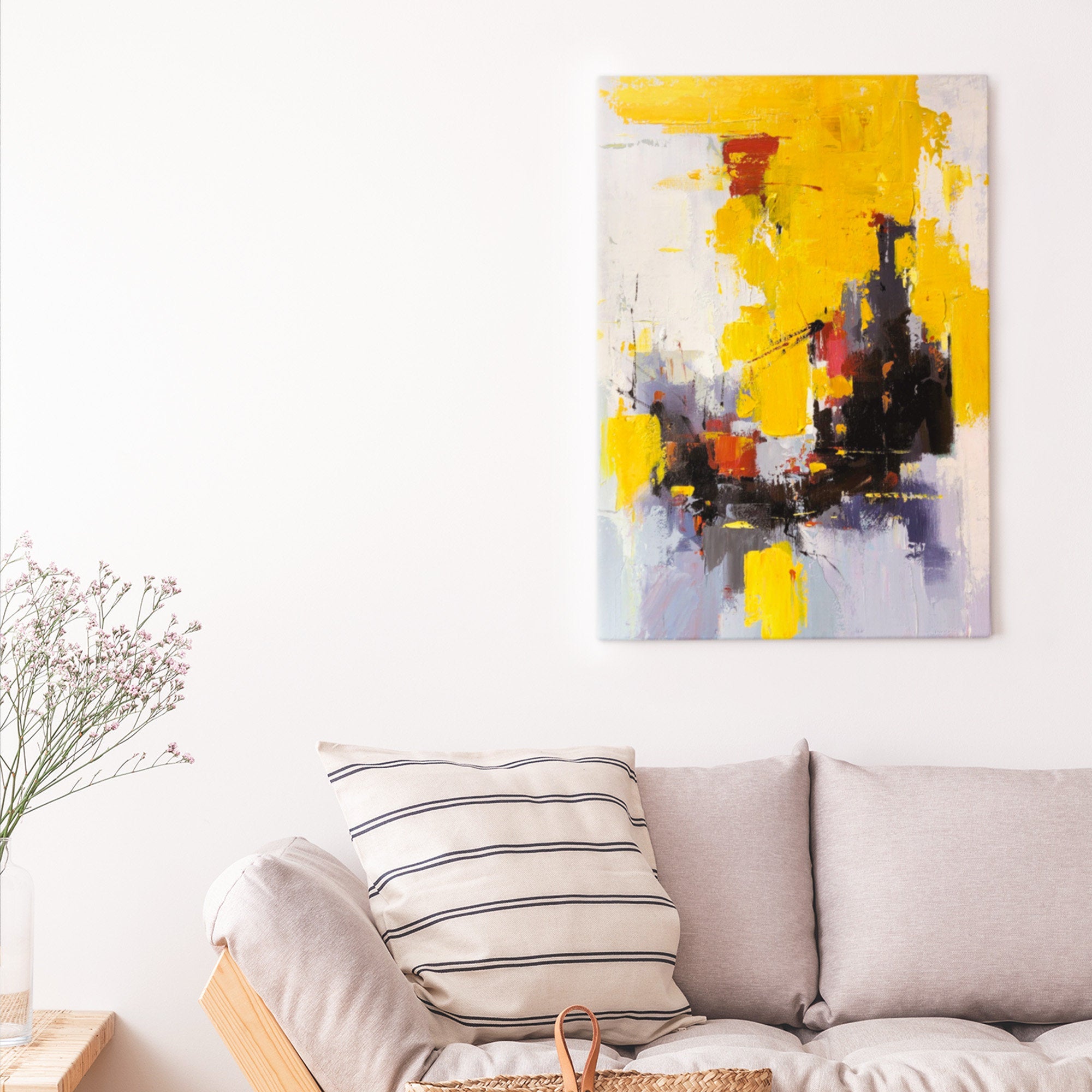 Contemporary bright color brush stoke yellow wall art heavy textured oil painting