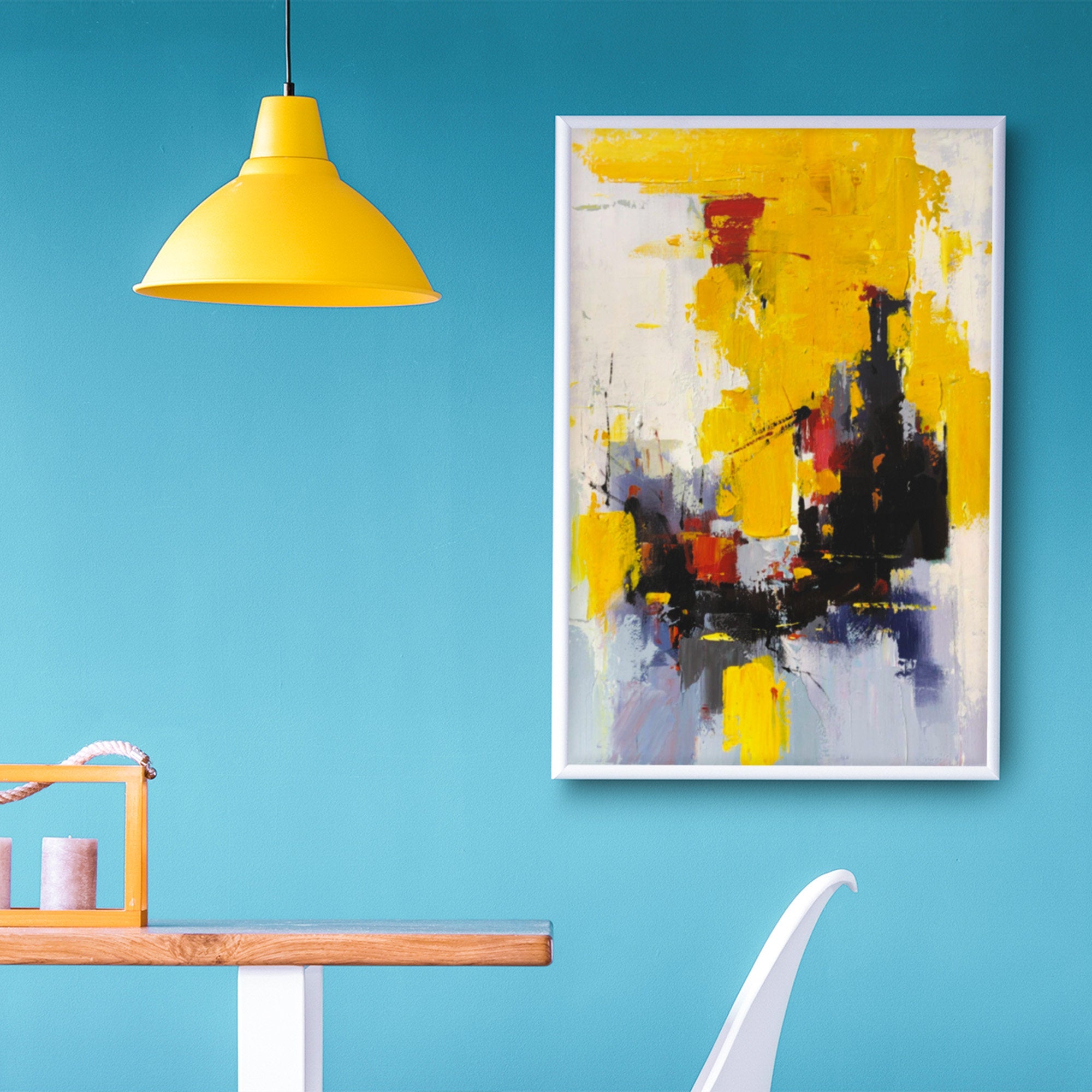 Contemporary bright color brush stoke yellow wall art heavy textured oil painting