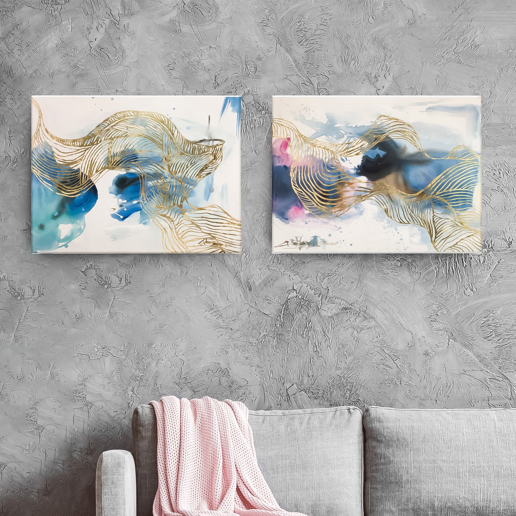 2 Piece Wall Art Abstract Gold Foil Wall Art Set of 2 Abstract Oil Painting Horiztonal