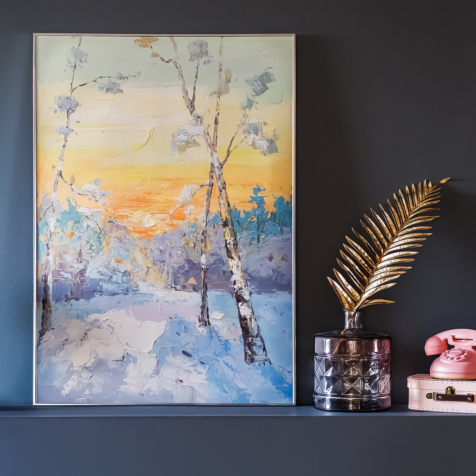 Winter trees covered in snow with sunset large outdoor wall art heavy textured oil painting