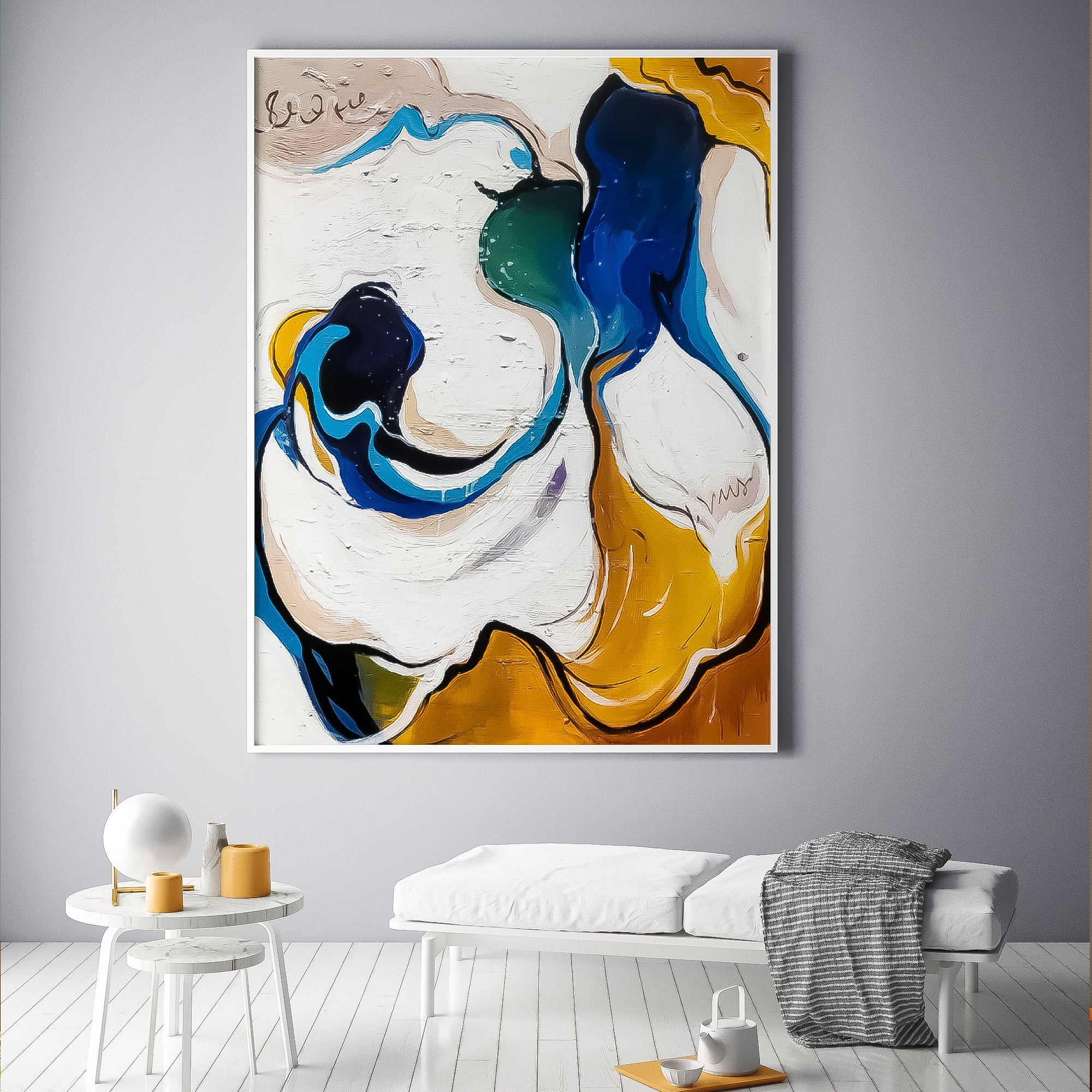 Abstract Water Art | Vertical White Blue Brown Oil Painting | Contemporary Art