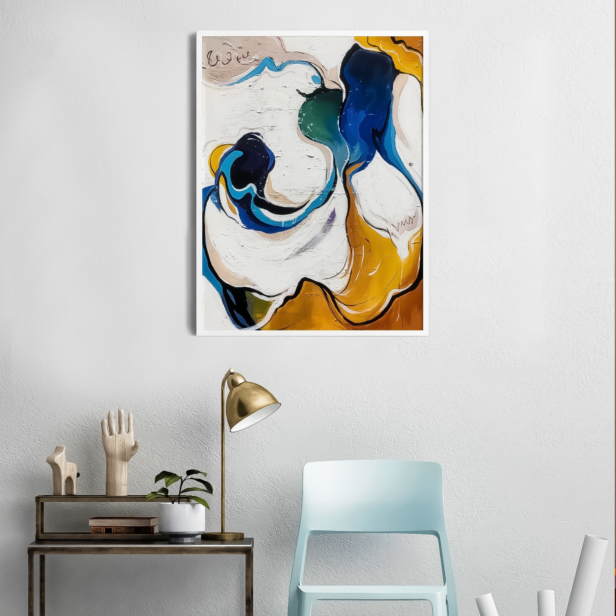 Abstract Water Art | Vertical White Blue Brown Oil Painting | Contemporary Art