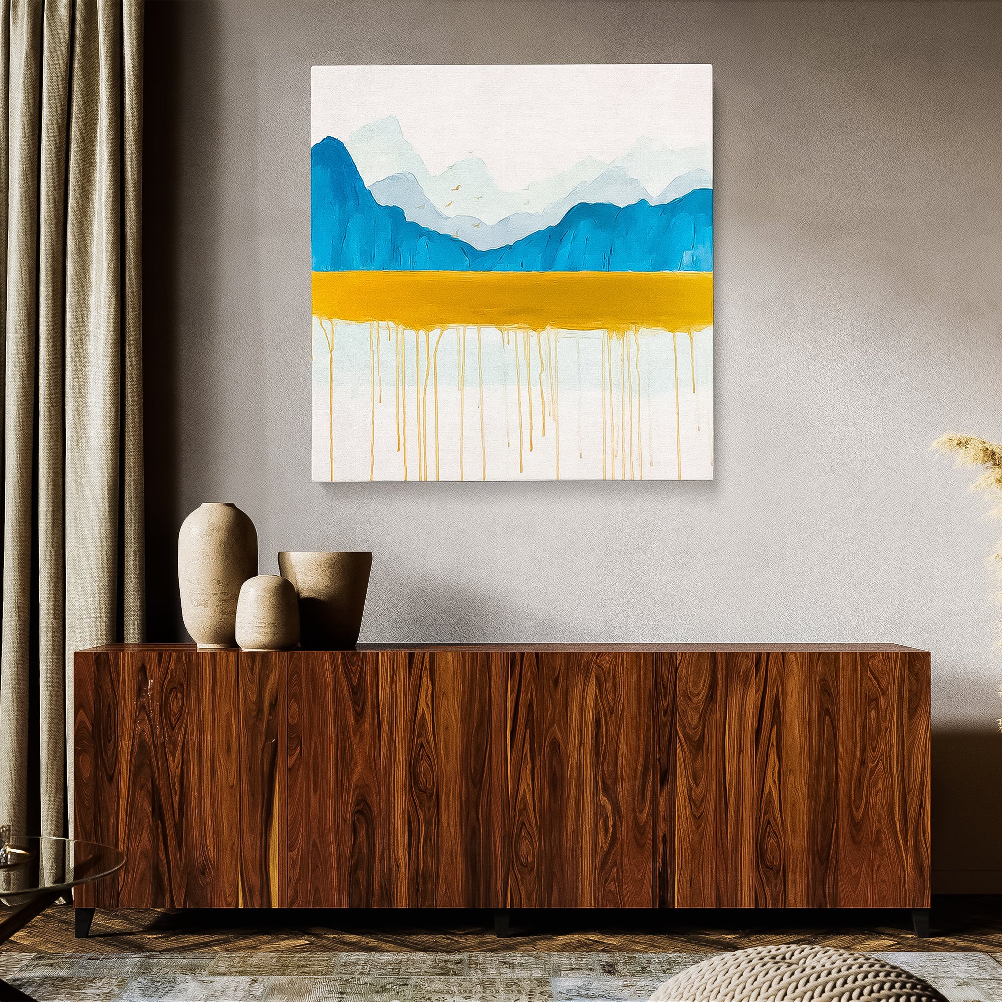 Mountain lake wall art Landscape Abstract Gold and Blue Color with birds Oil Painting