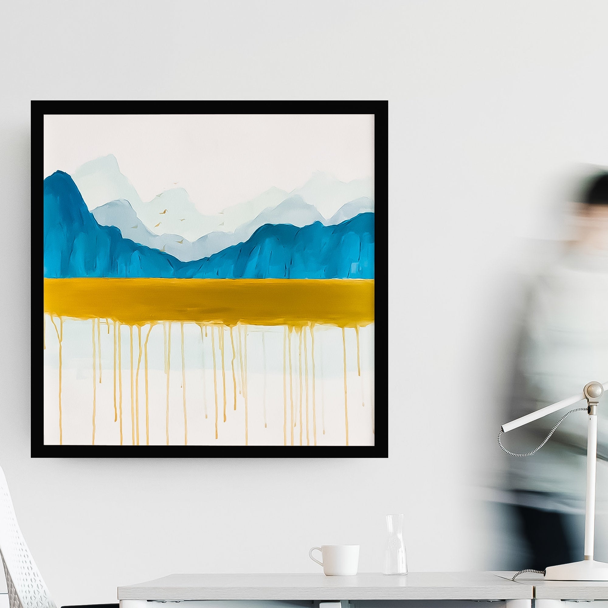 Mountain lake wall art Landscape Abstract Gold and Blue Color with birds Oil Painting