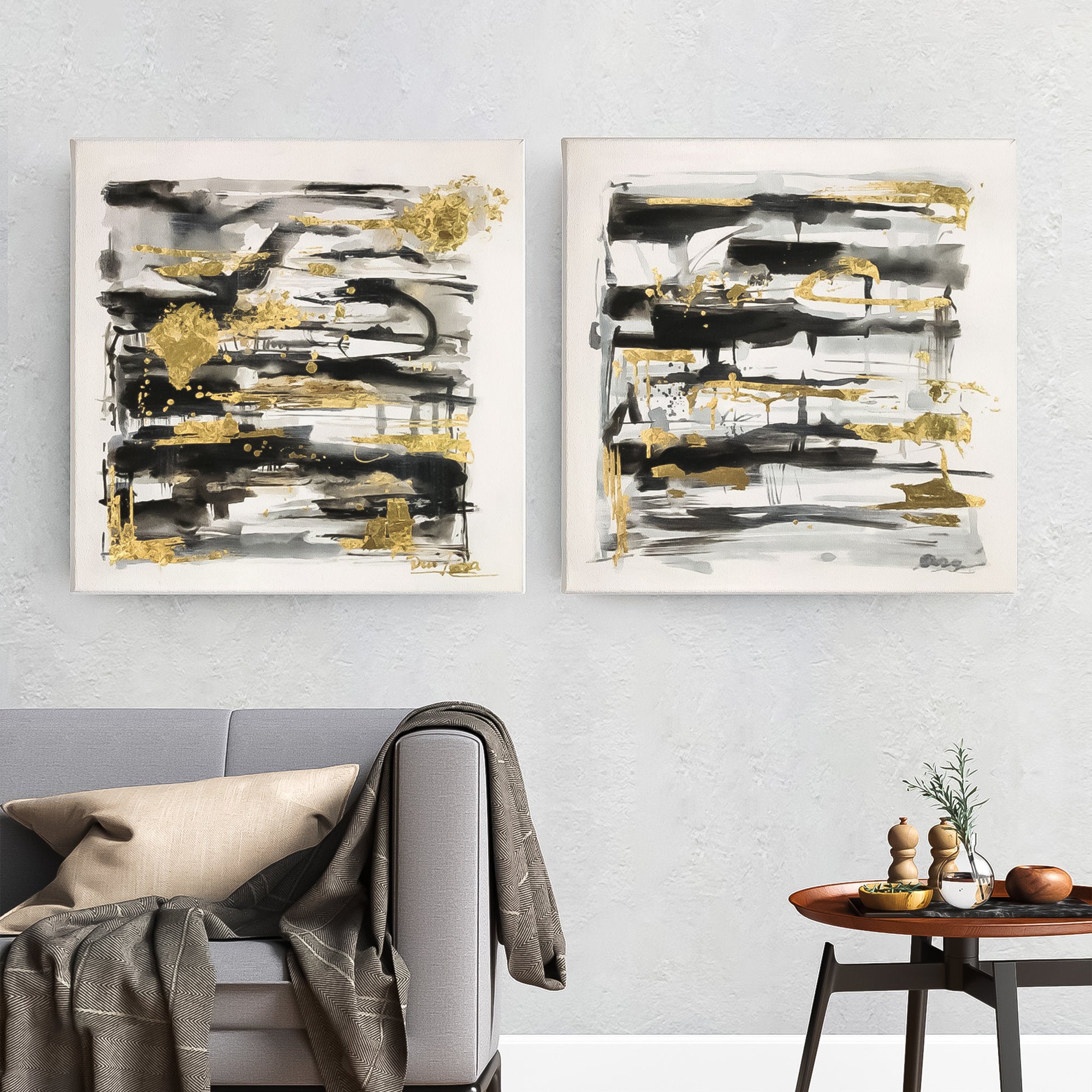 2 piece wall art abstract Square set of 2 black and gold abstract wall art | Oil paintings canvas wall art | heavy textured thick painting