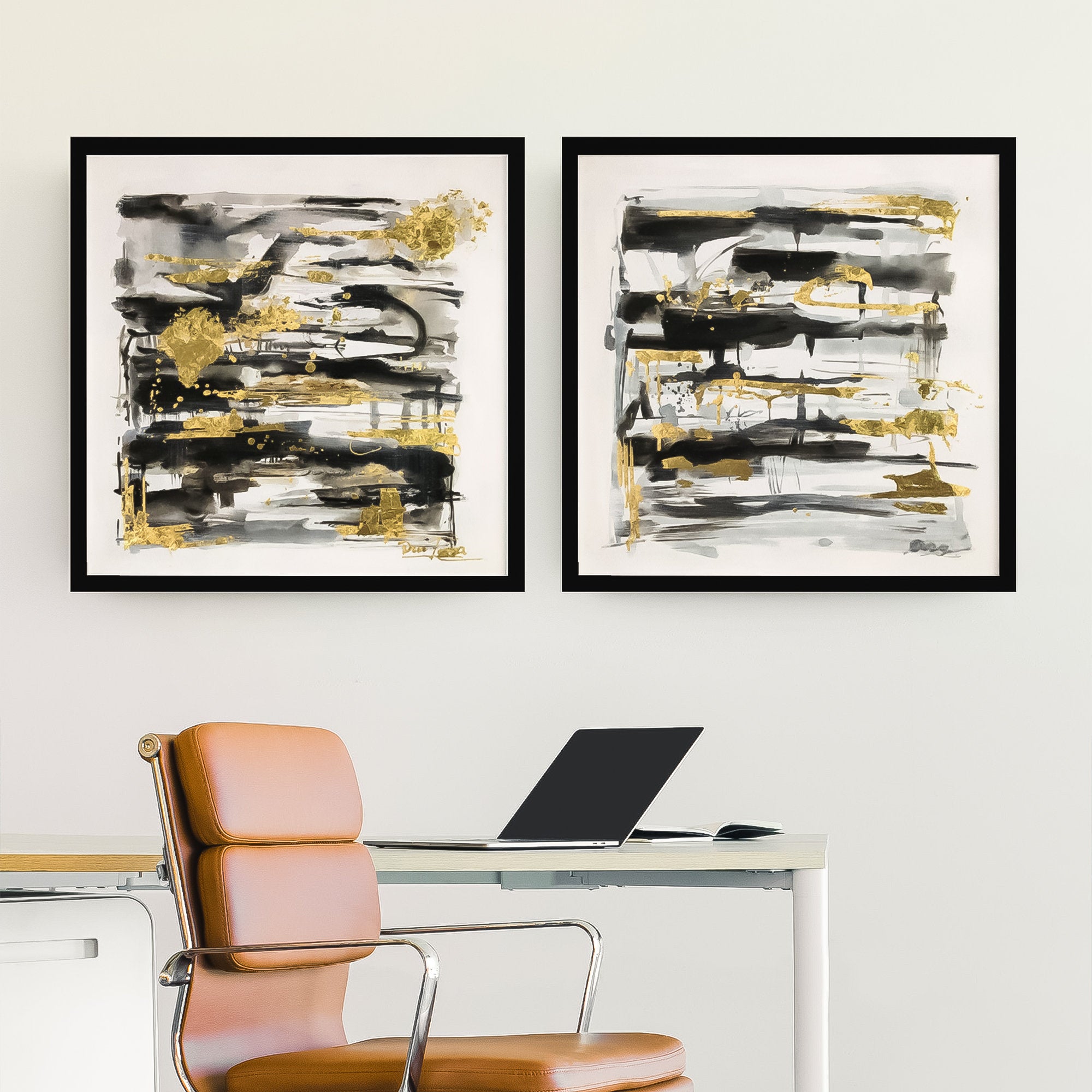 2 piece wall art abstract Square set of 2 black and gold abstract wall art | Oil paintings canvas wall art | heavy textured thick painting