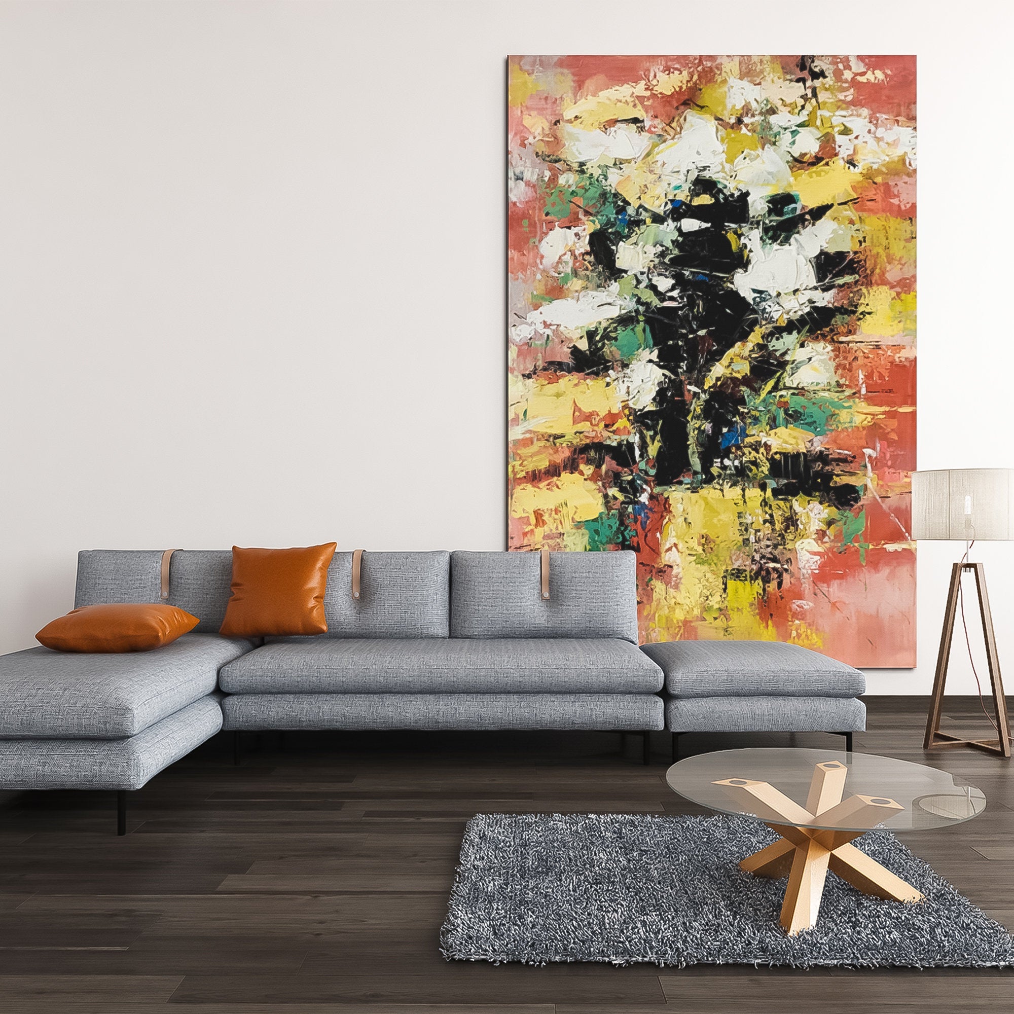 Colorful Black Yellow Brown Red wall art large abstract art | living room wall art canvas