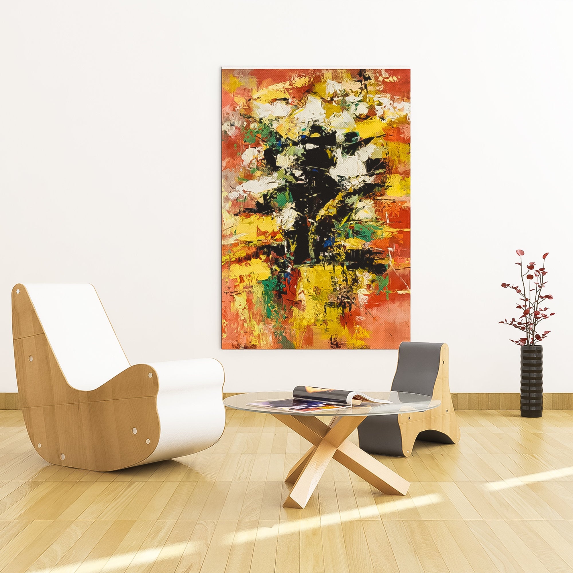 Colorful Black Yellow Brown Red wall art large abstract art | living room wall art canvas