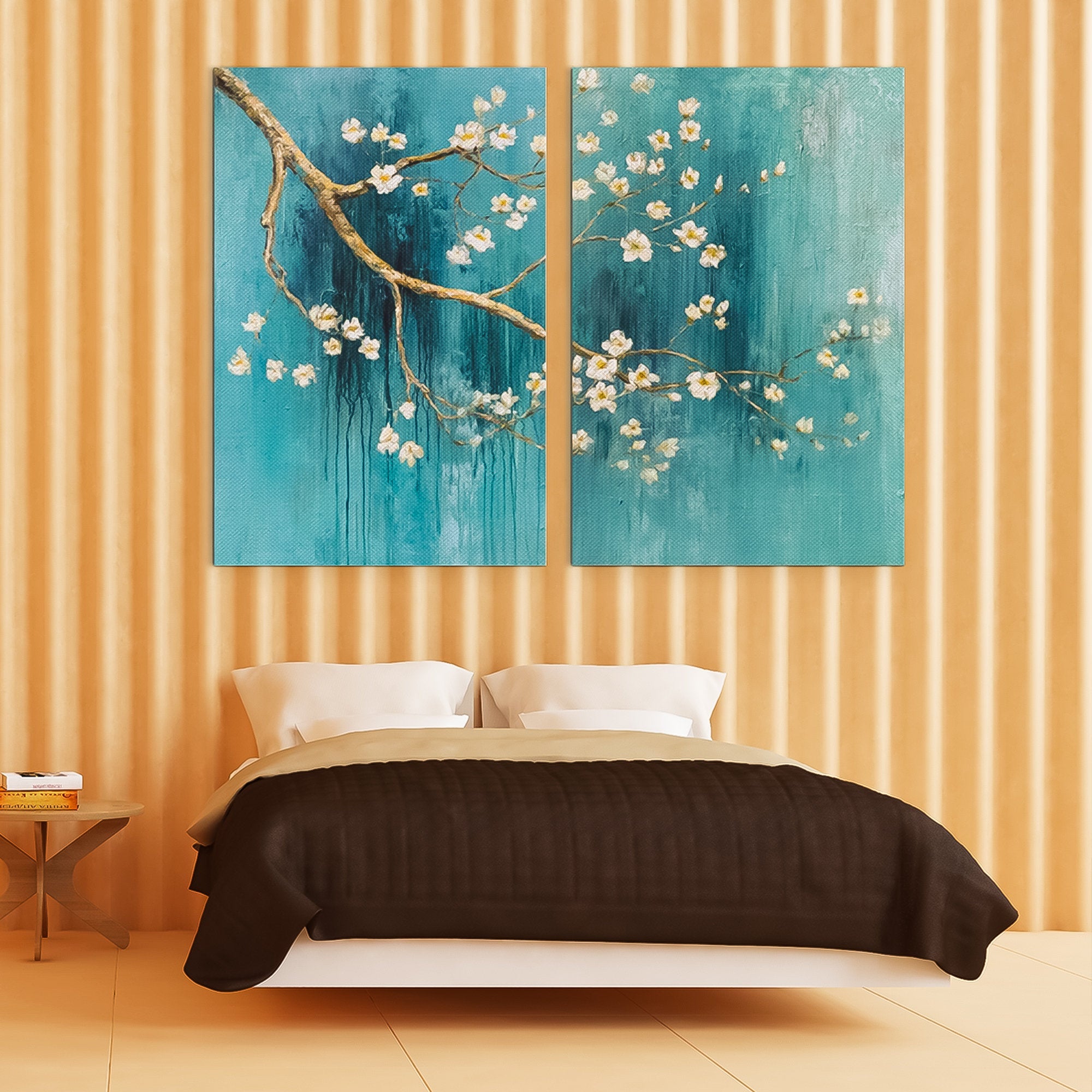 Sakura Tree Branch Art Oil Painting set of 2 Japanese zen wall art