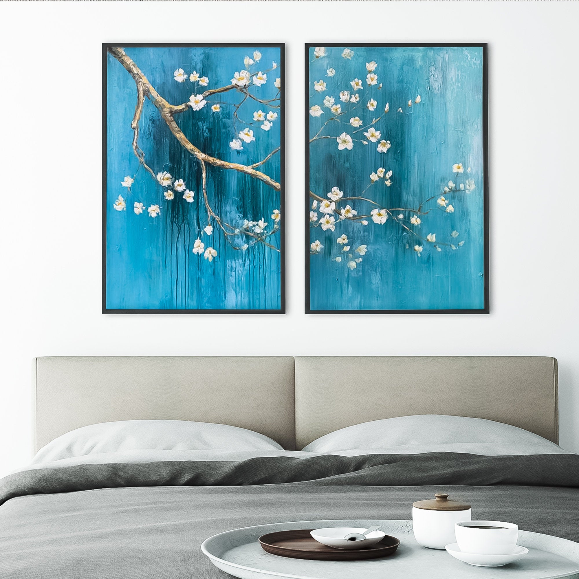 Sakura Tree Branch Art Oil Painting set of 2 Japanese zen wall art