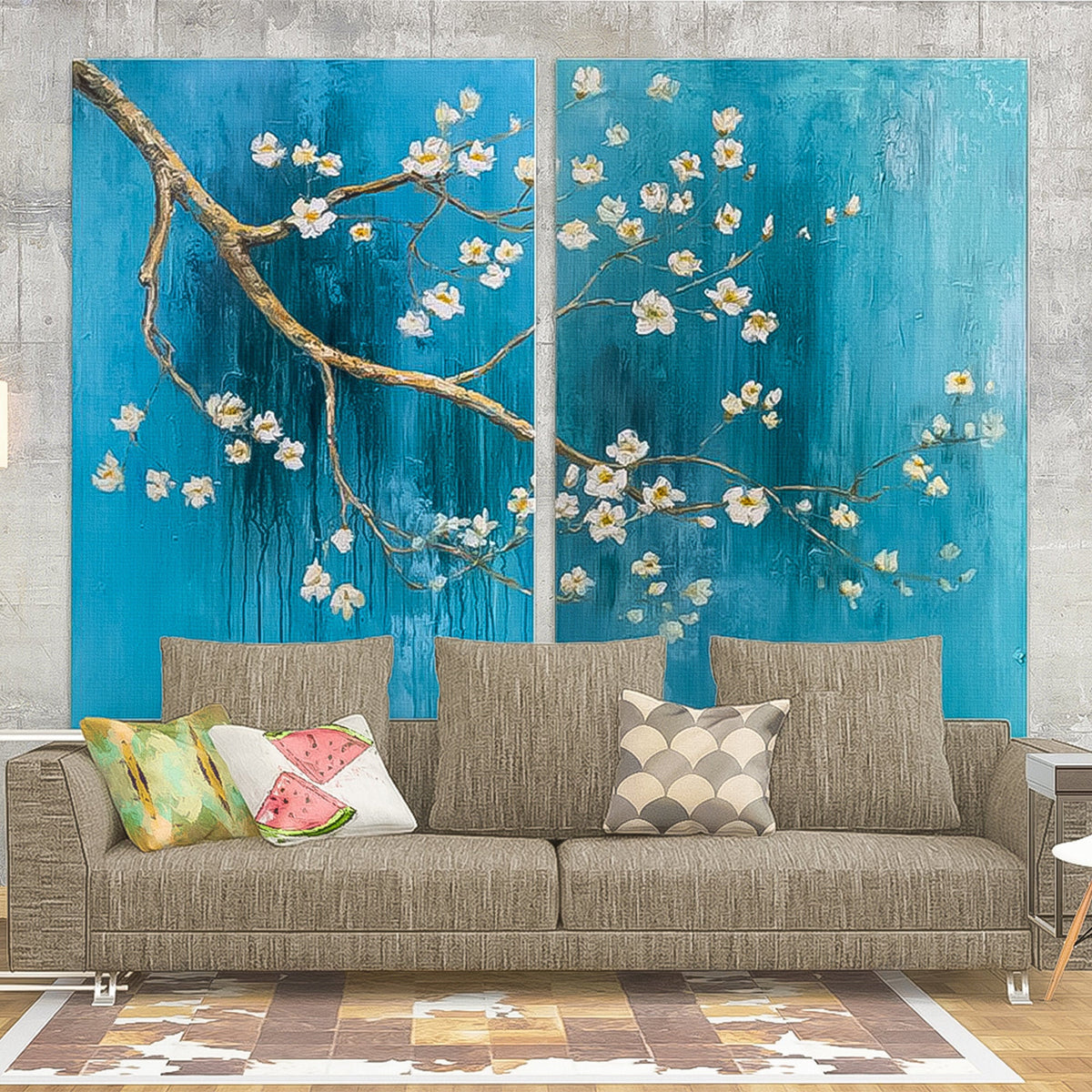 Sakura Tree Branch Art Oil Painting set of 2 Japanese zen wall art