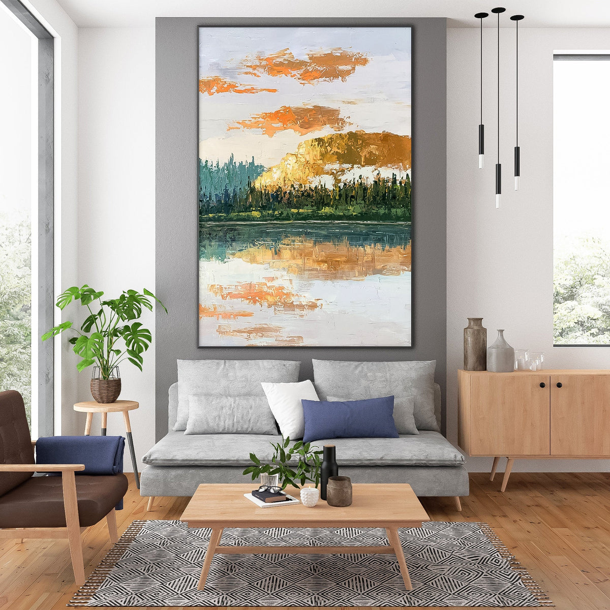 Sunset abstract vertical brown abstract landscape wall art gold oil painting