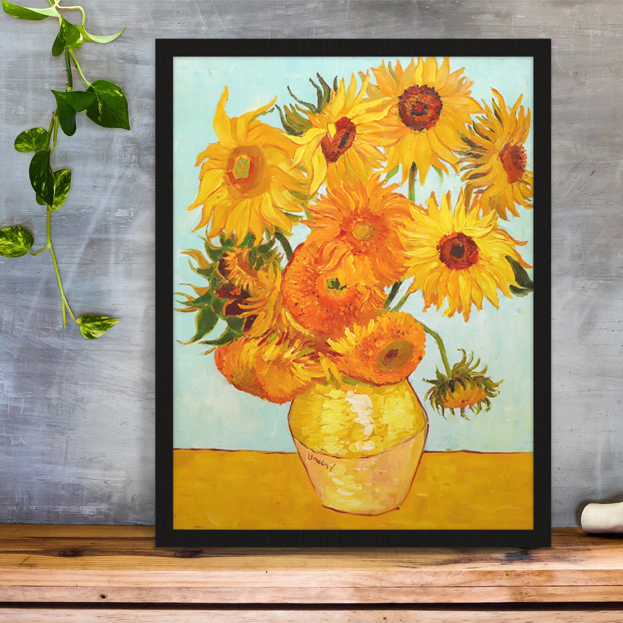 Beautiful bright yellow sunflower painting in vase Vincent van Gogh painting | 100% handmade | floral oil painting