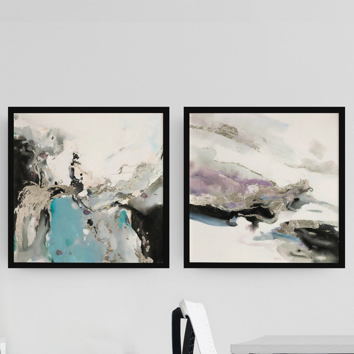 Marble Abstract Silver Painting 2 piece wall art abstract Square set of 2 Silver and black Abstract Wall Art