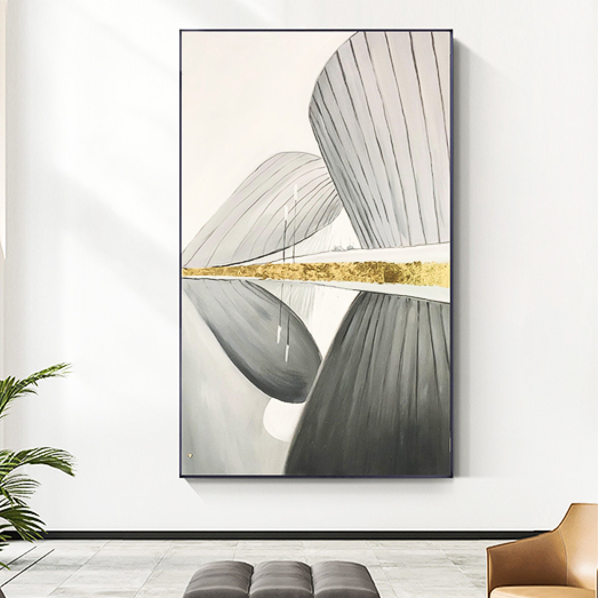 Geometric Wall Art, Scandinavian, Grey and gold foil Abstract Wall Art Oil Painting