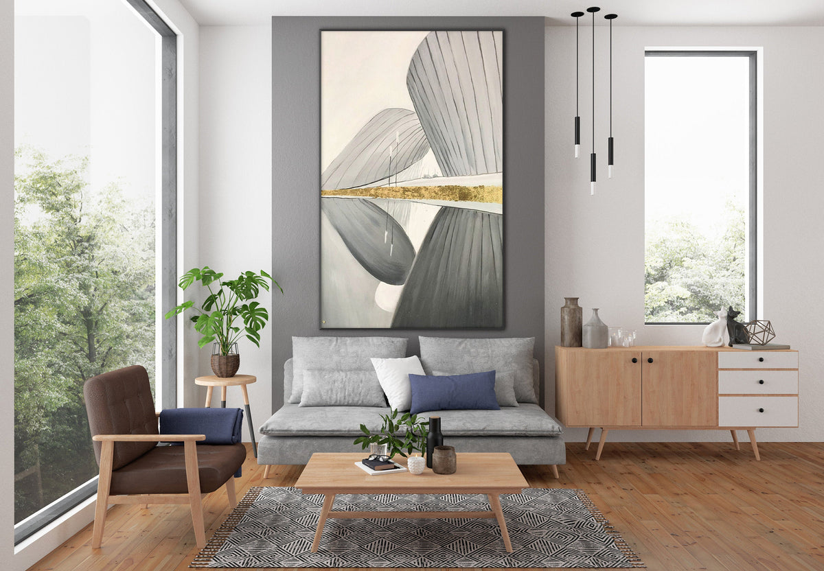 Geometric Wall Art, Scandinavian, Grey and gold foil Abstract Wall Art Oil Painting