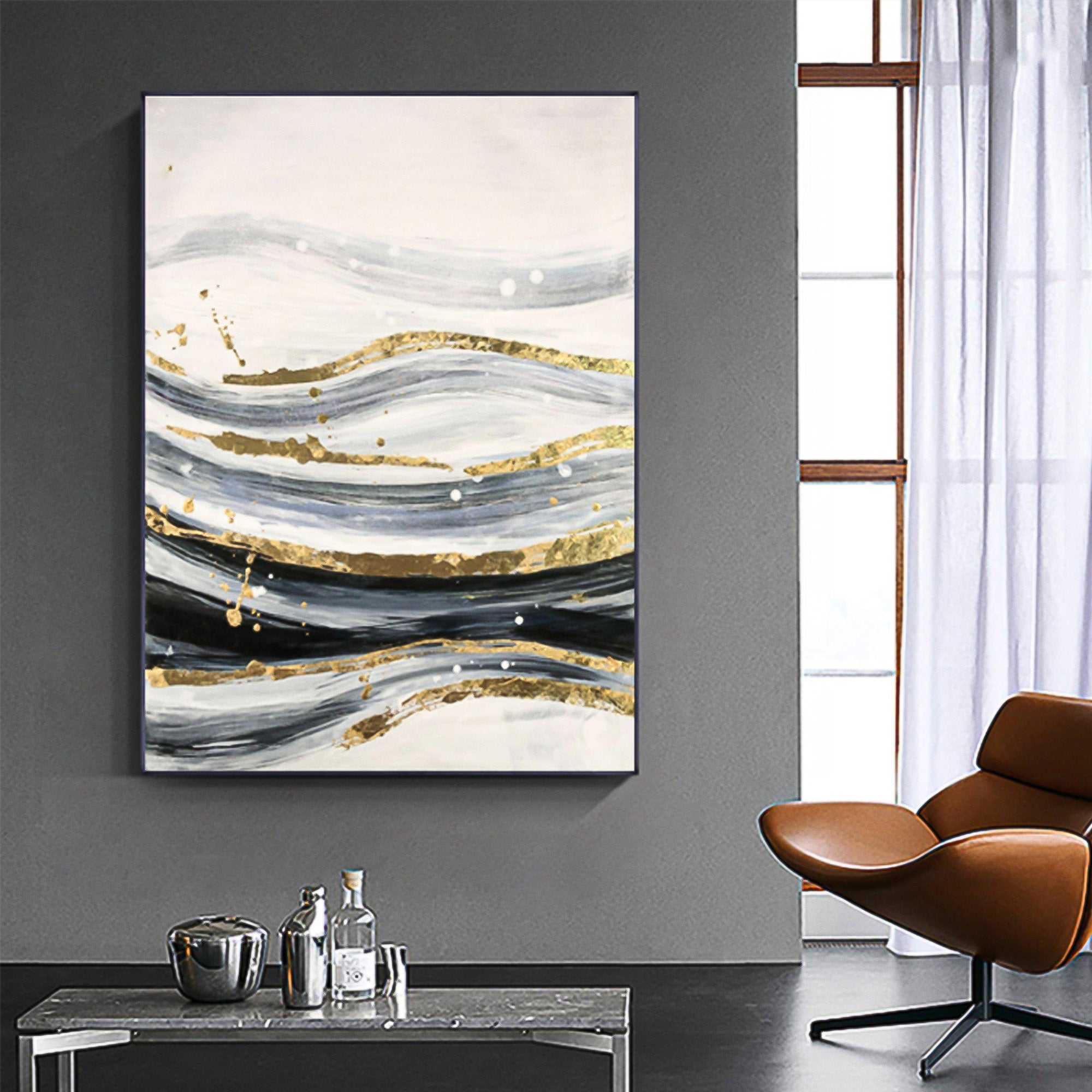 Gold Silver Black Ocean Water Wave Abstract Oil Painting Gold Foil Art