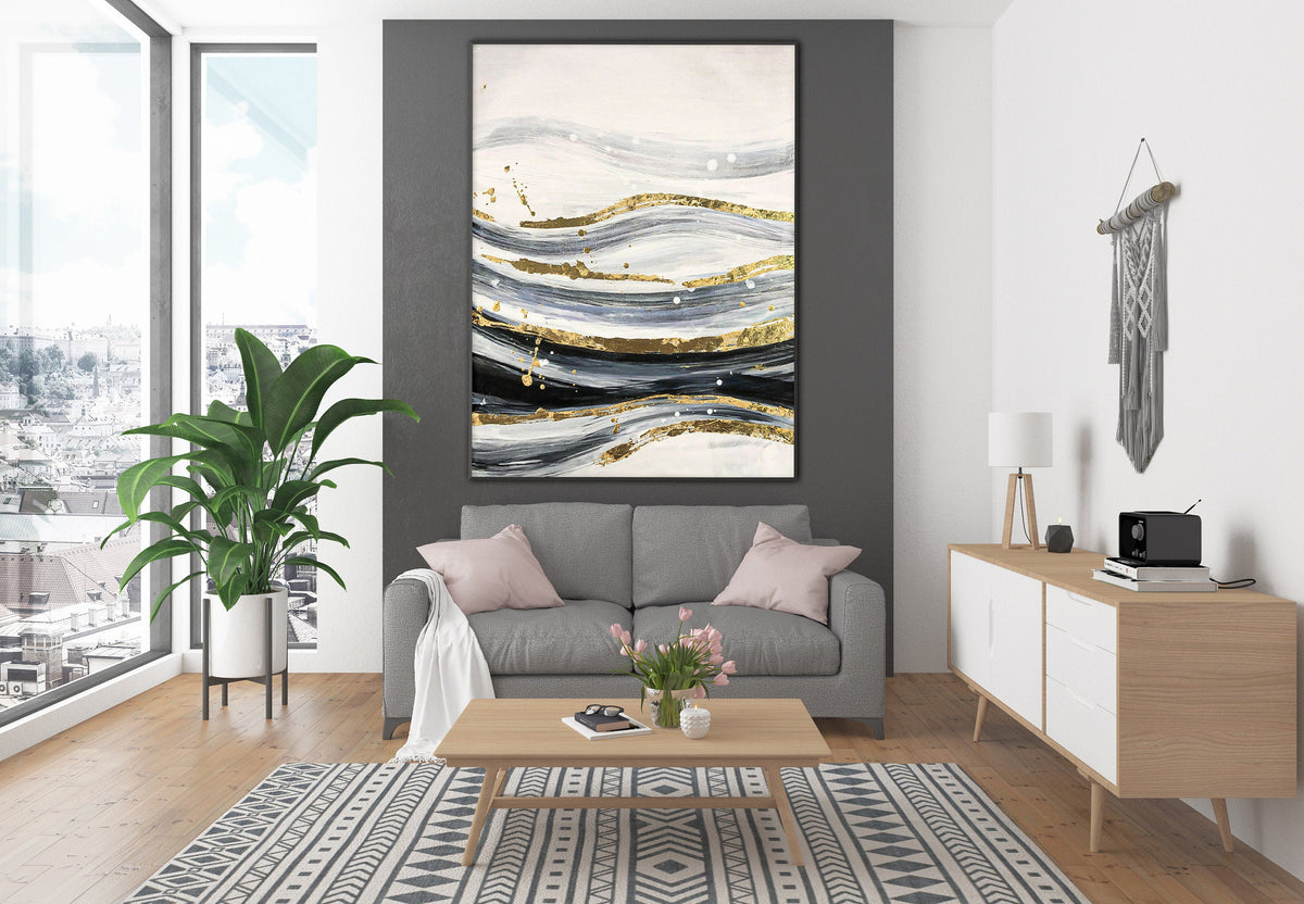 Gold Silver Black Ocean Water Wave Abstract Oil Painting Gold Foil Art