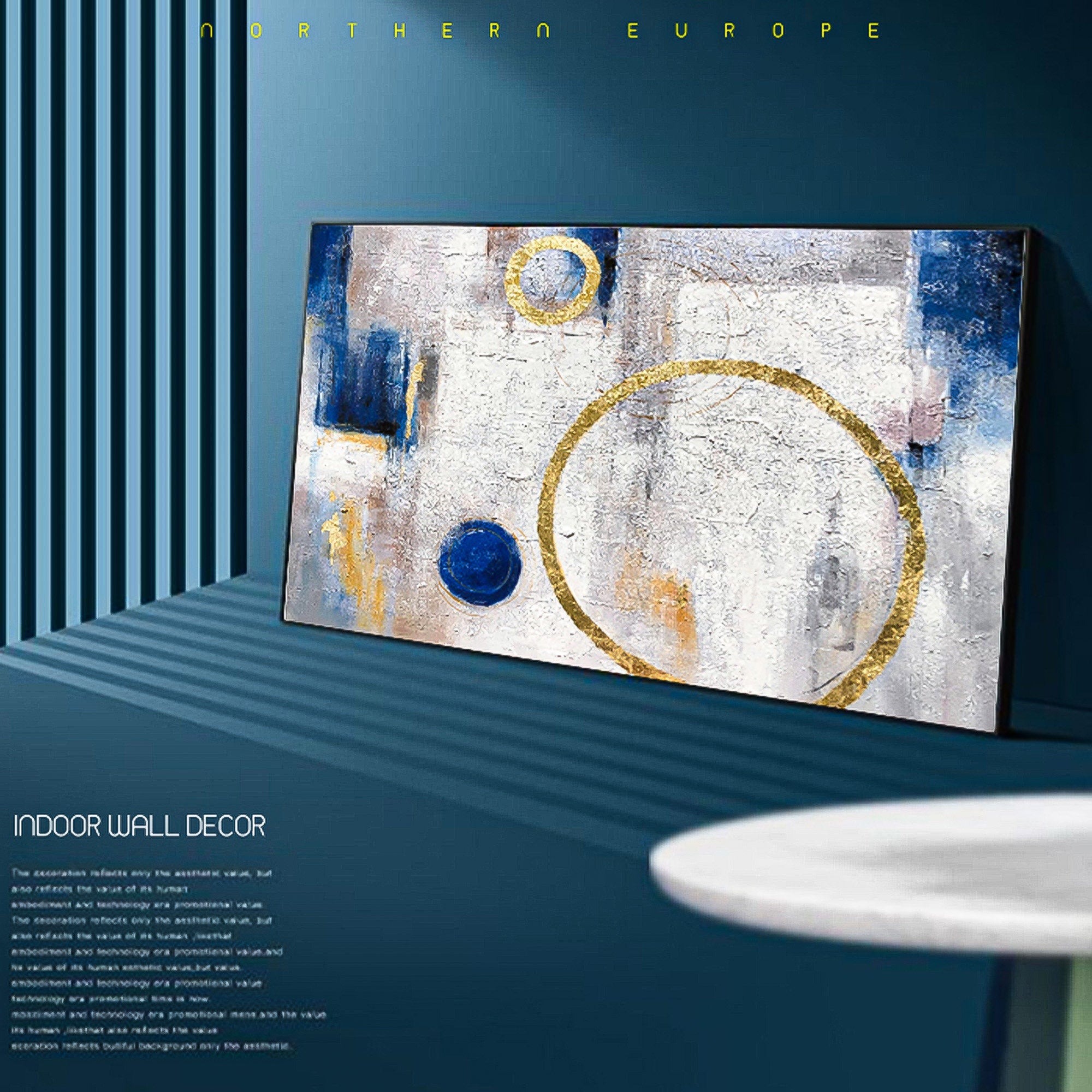 Gold Foil Circle Blue and Silver White Abstract Oil Painting Horizontal Minimalist Abstract Art