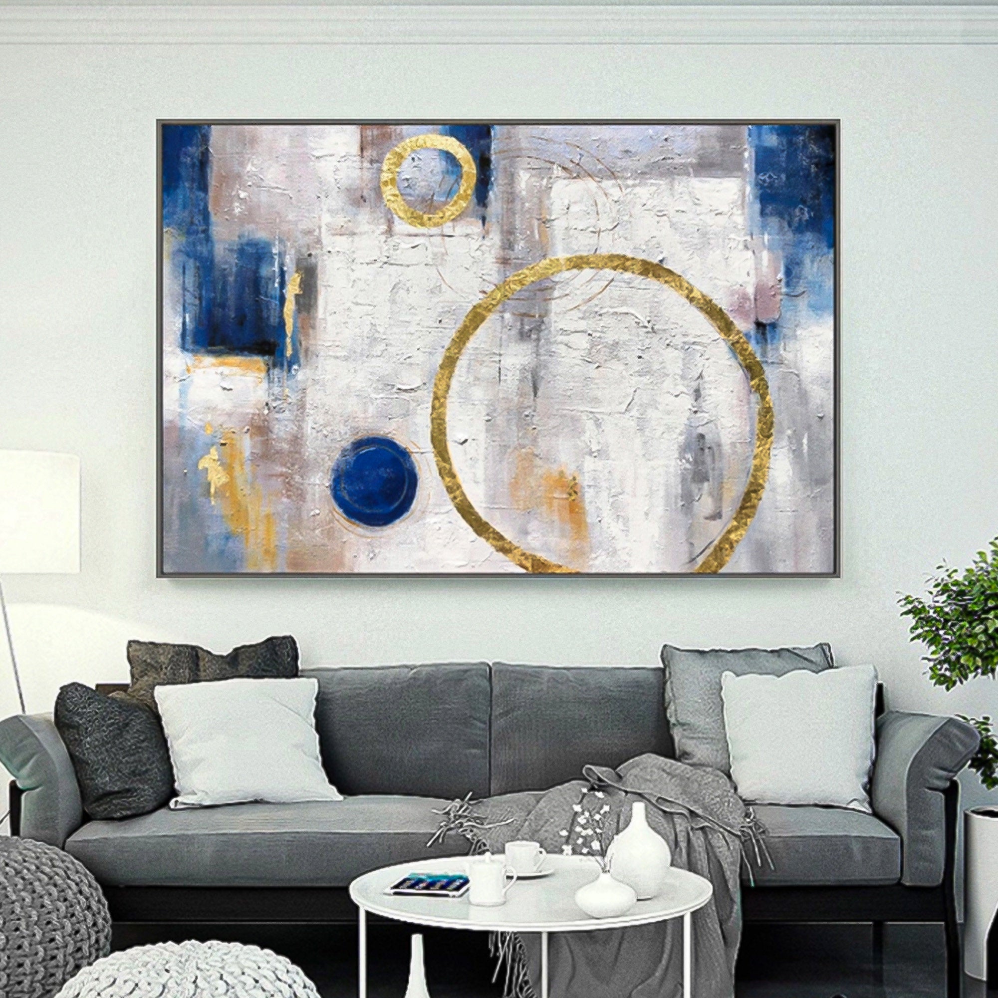 Gold Foil Circle Blue and Silver White Abstract Oil Painting Horizontal Minimalist Abstract Art