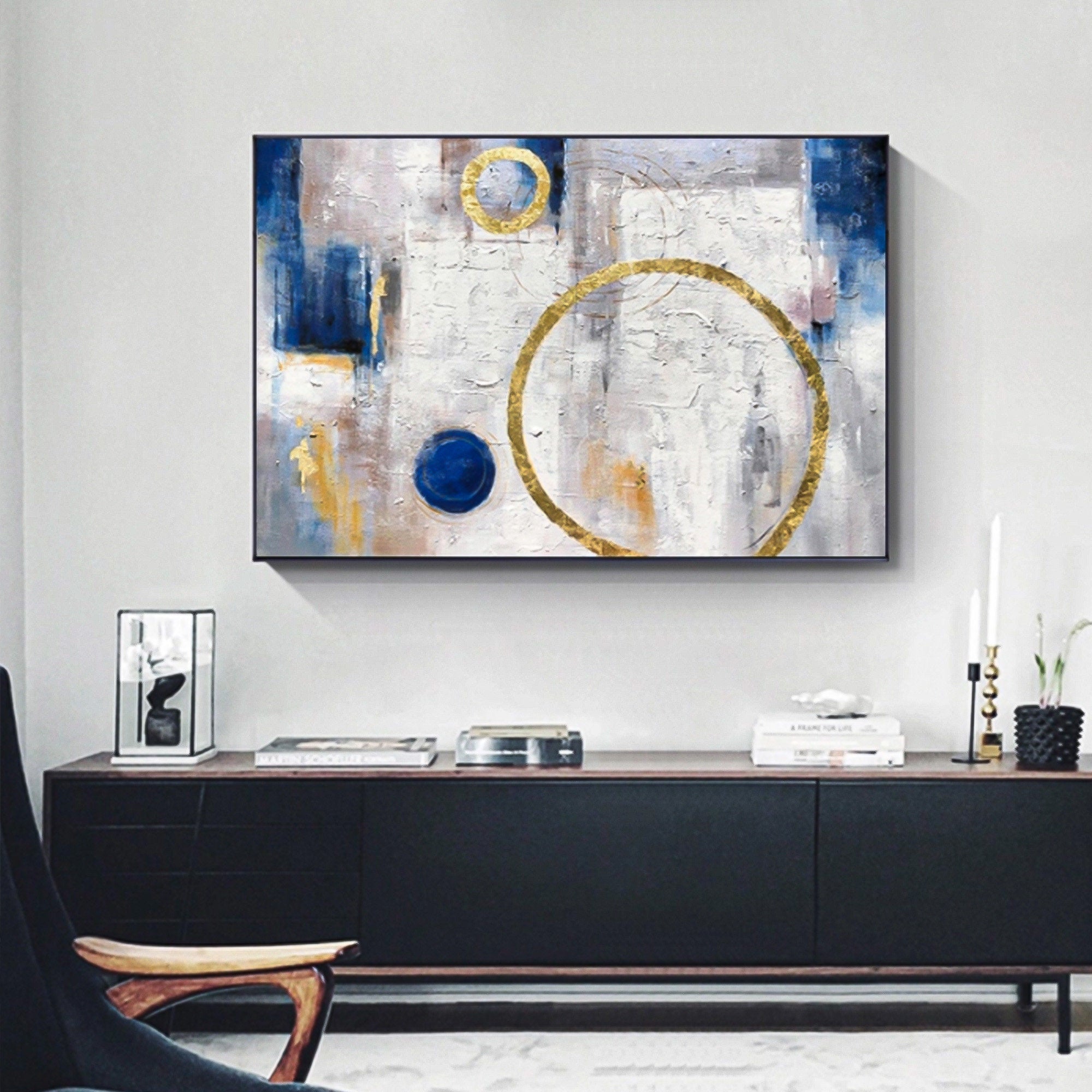 Gold Foil Circle Blue and Silver White Abstract Oil Painting Horizontal Minimalist Abstract Art