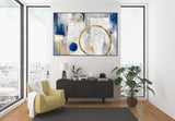 Gold Foil Circle Blue and Silver White Abstract Oil Painting Horizontal Minimalist Abstract Art