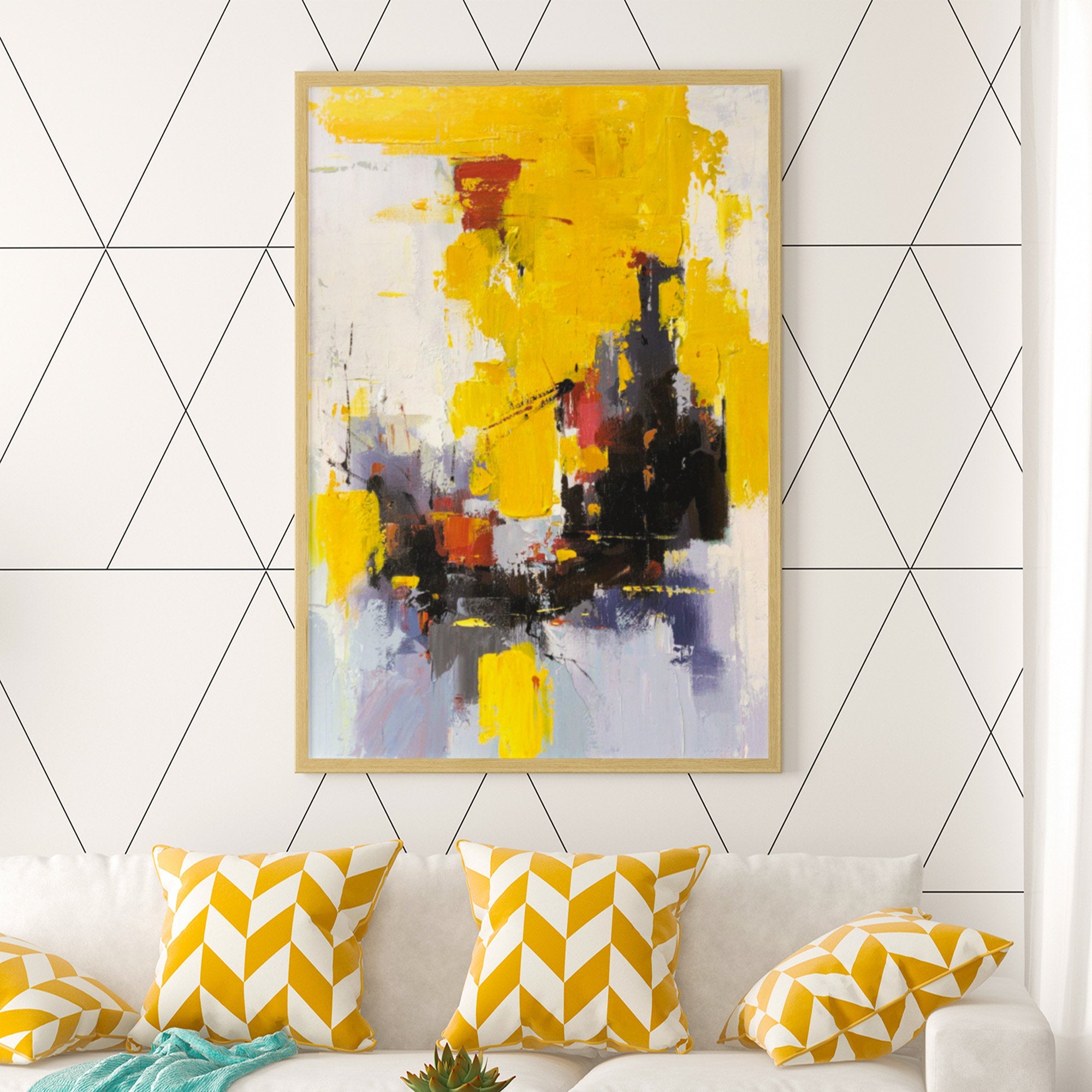 Contemporary bright color brush stoke yellow wall art heavy textured oil painting