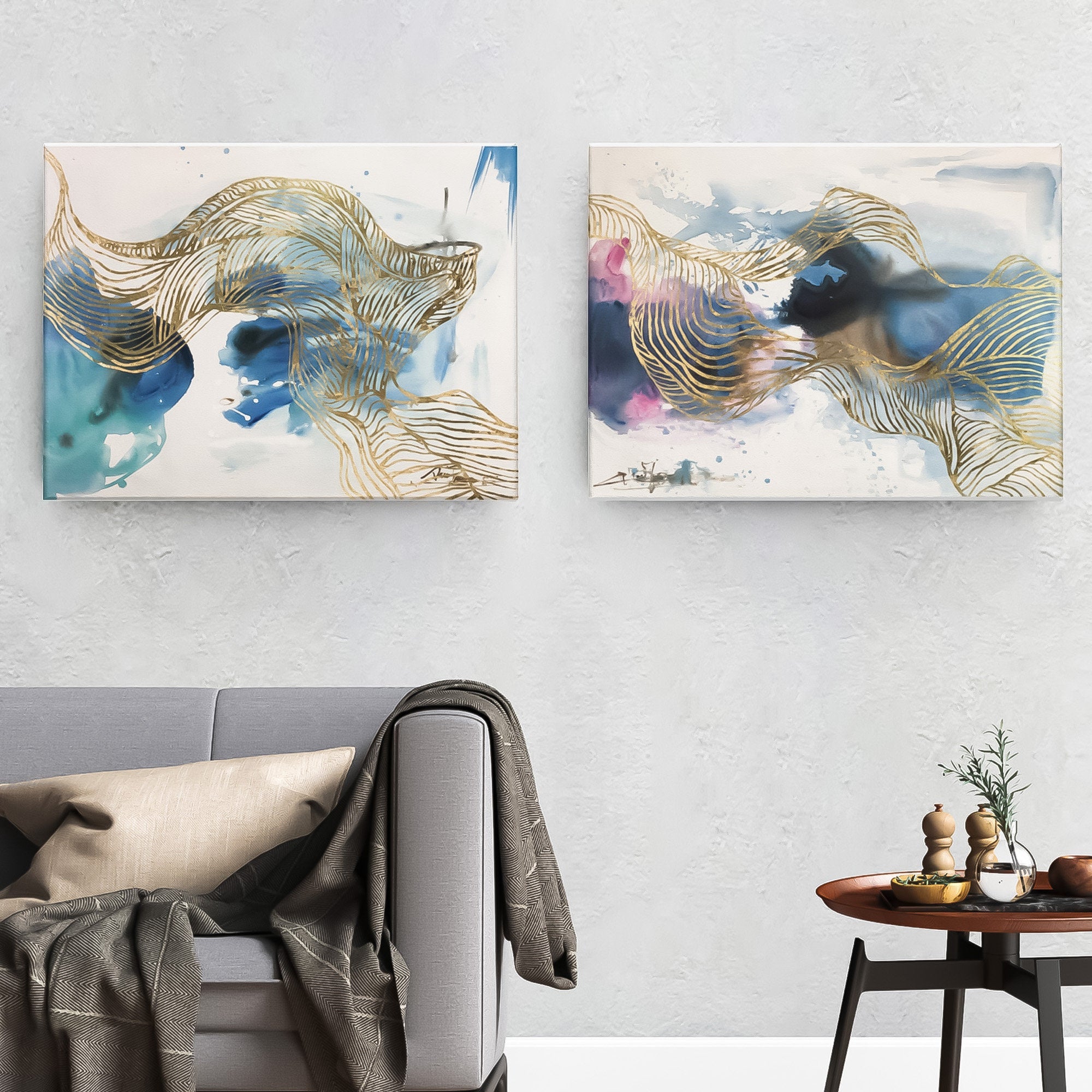 2 Piece Wall Art Abstract Gold Foil Wall Art Set of 2 Abstract Oil Painting Horiztonal