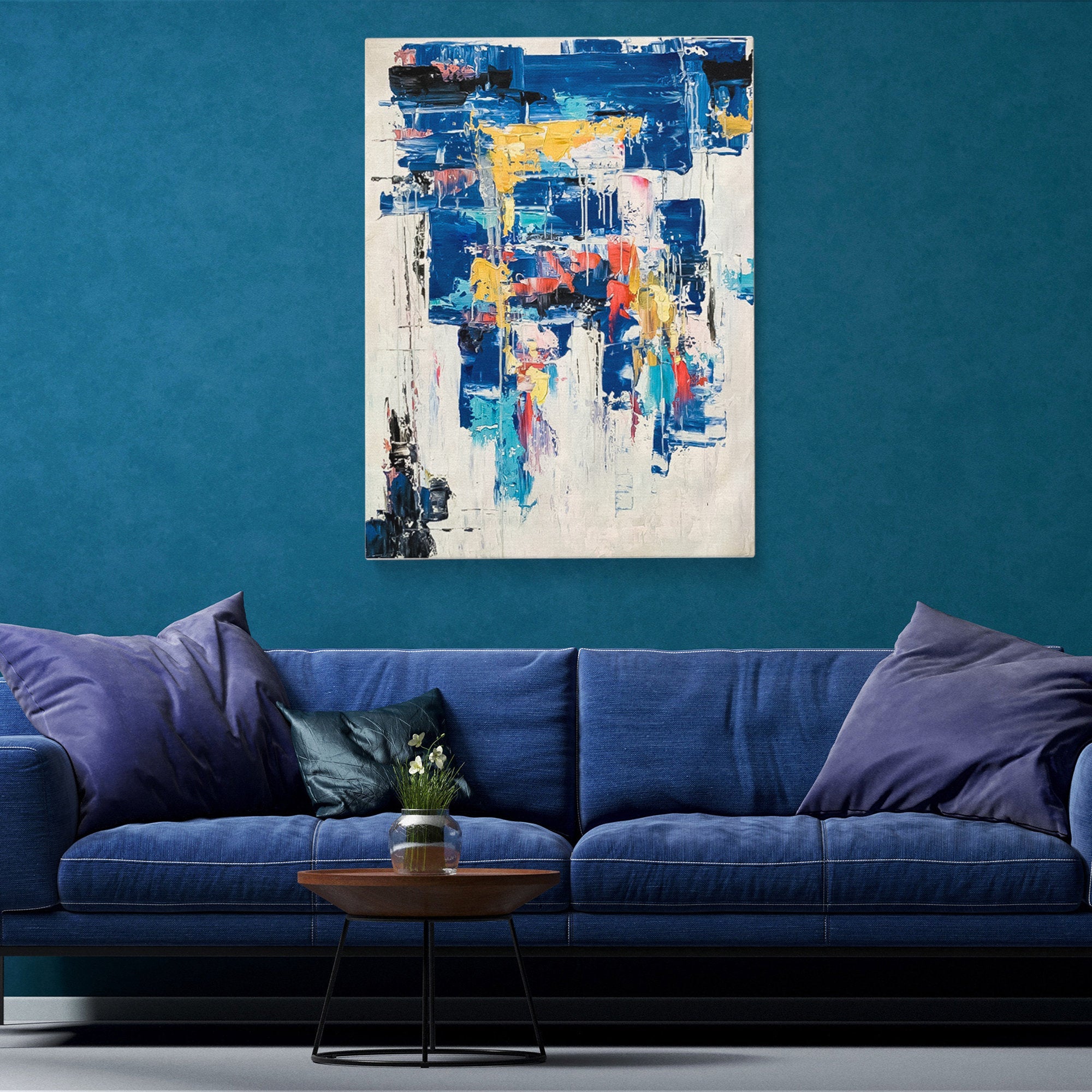 Blue and Black Gold Modern Style Brush Stroke Art Abstract Oil Painting Vertical