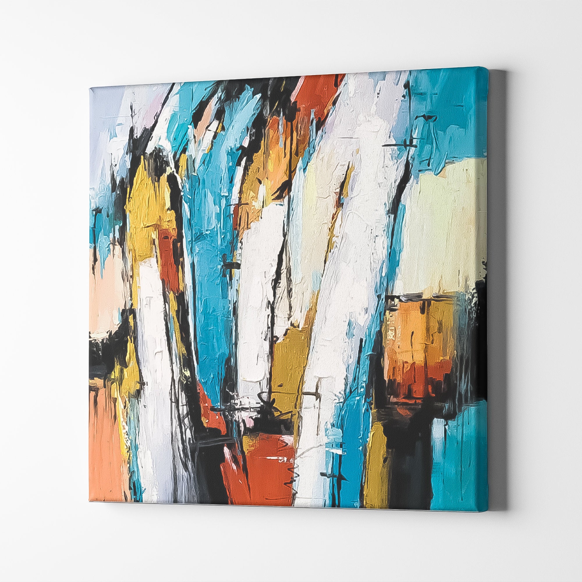 Blue Red White Yellow Brush Stroke Art Colorful Square Abstract Oil Painting