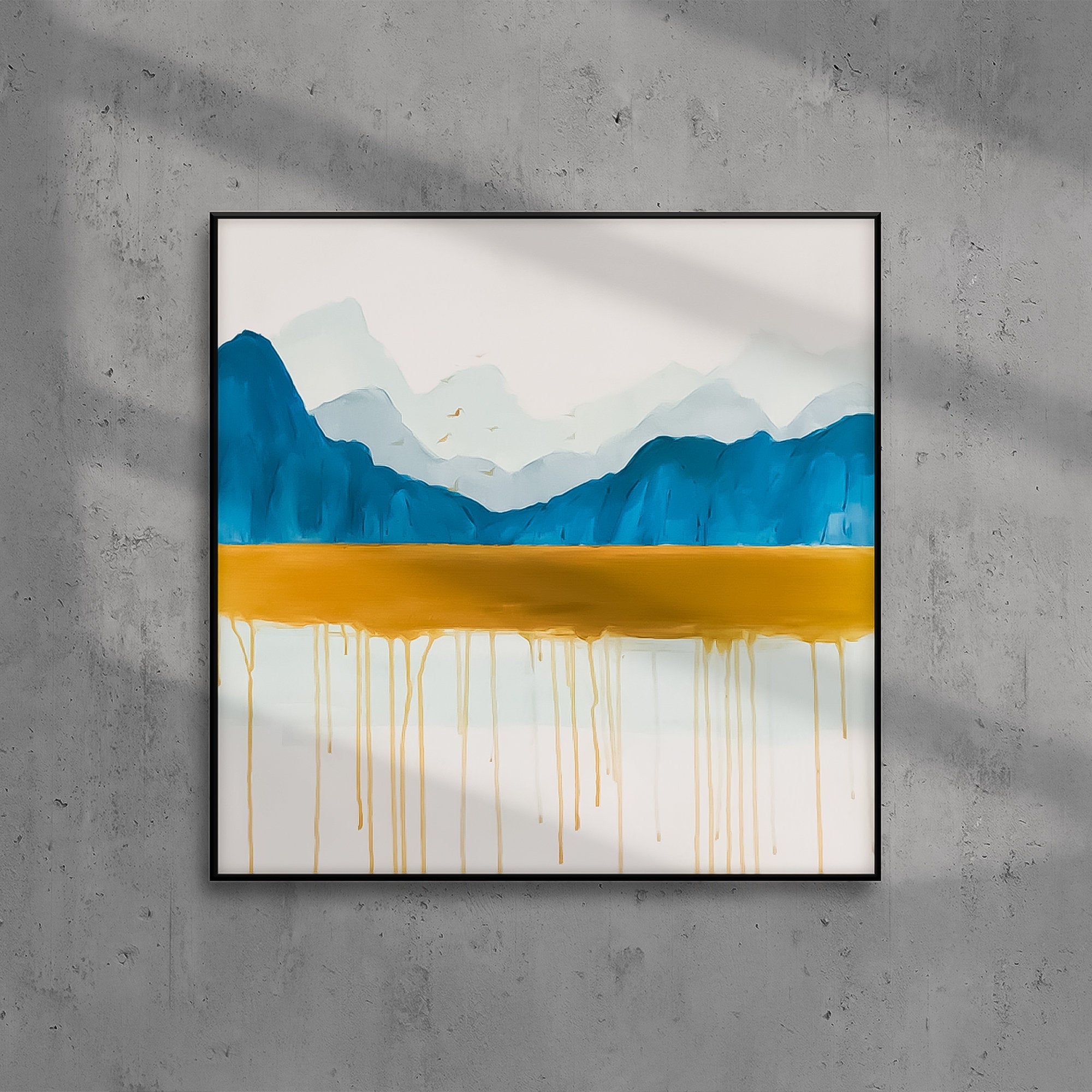 Mountain lake wall art Landscape Abstract Gold and Blue Color with birds Oil Painting