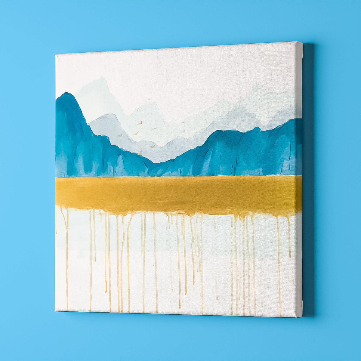 Mountain lake wall art Landscape Abstract Gold and Blue Color with birds Oil Painting