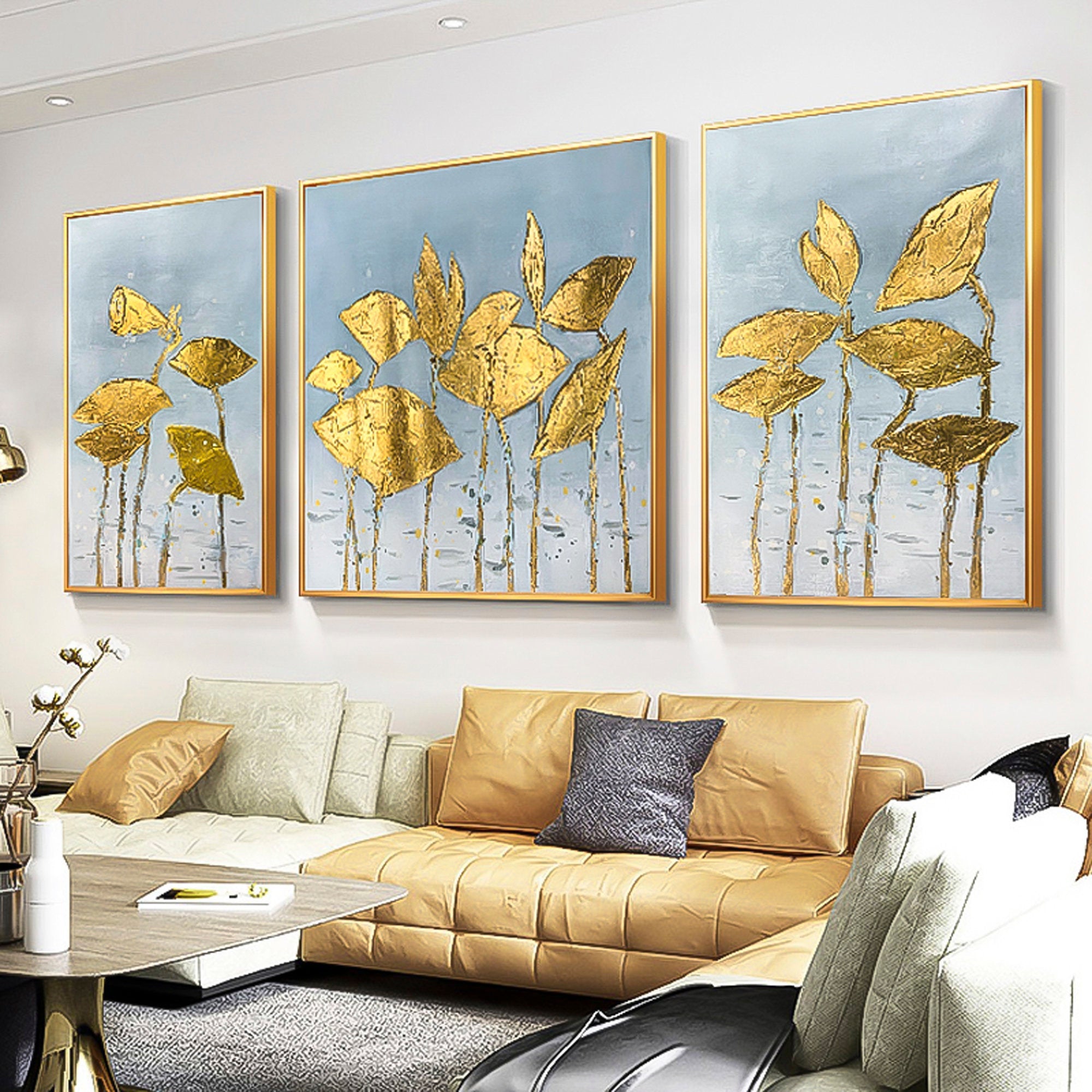 3 piece wall art Gold Leaf Painting palette knife thick textured abstract oil painting