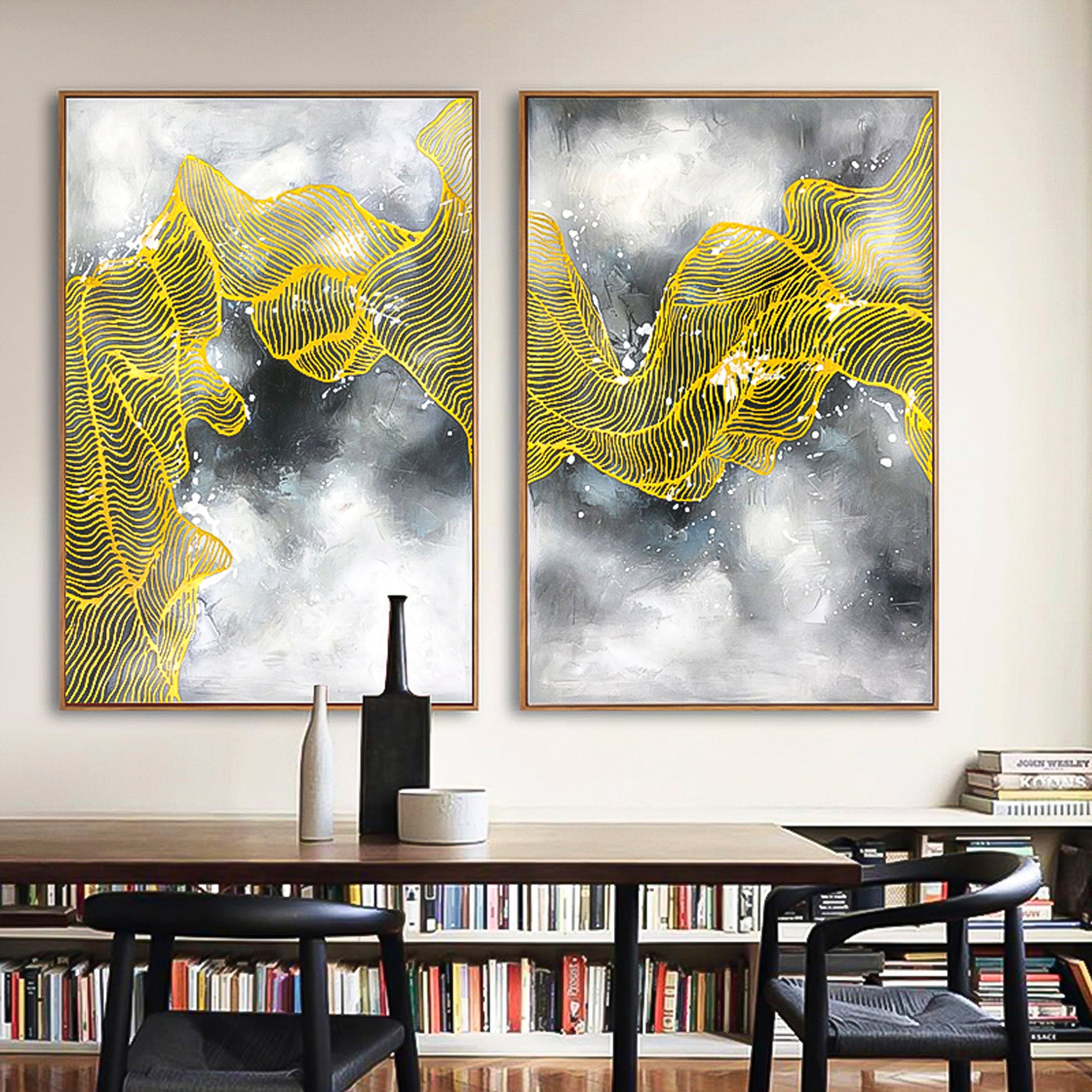 2 piece wall art abstract Gold Foil Wall Art Modern Abstract Oil Painting On Canvas Set of 2 Vertical