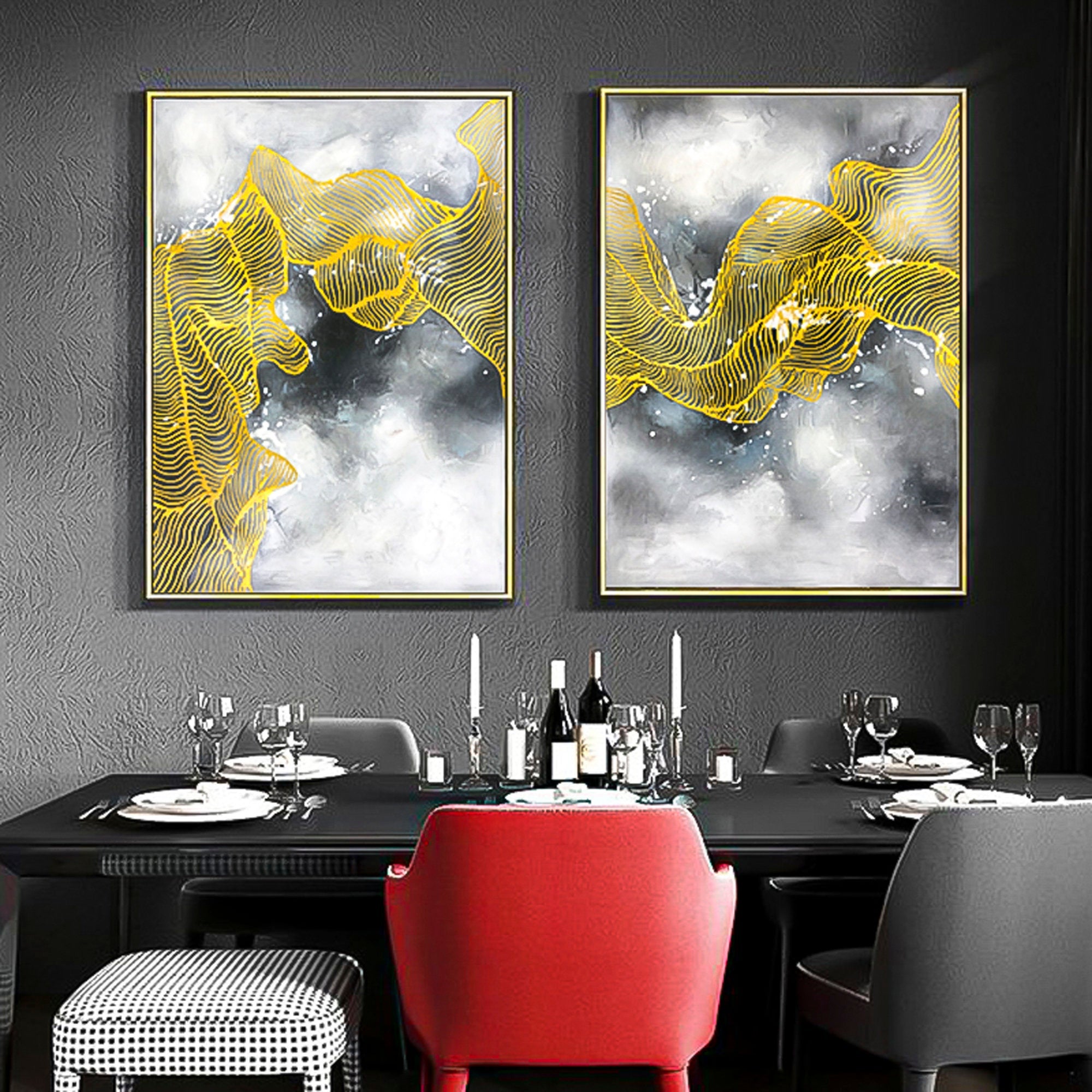 2 piece wall art abstract Gold Foil Wall Art Modern Abstract Oil Painting On Canvas Set of 2 Vertical