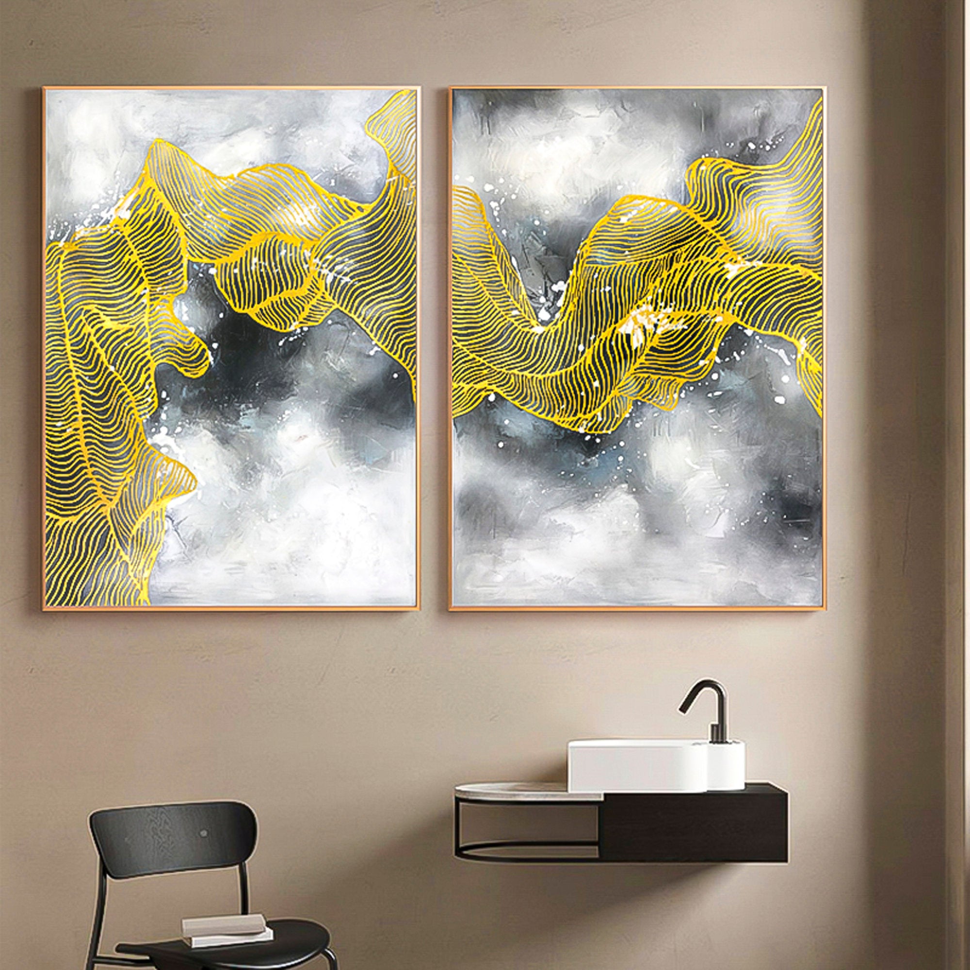 2 piece wall art abstract Gold Foil Wall Art Modern Abstract Oil Painting On Canvas Set of 2 Vertical