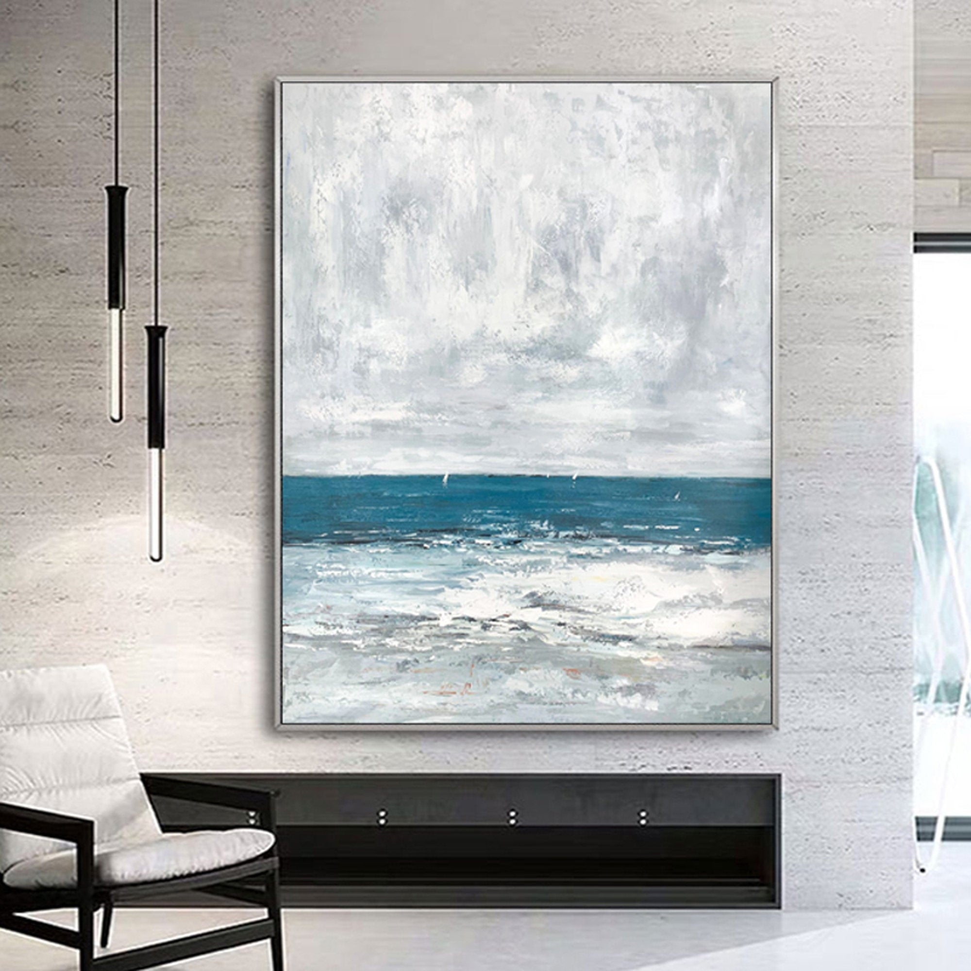 2 piece wall art gallery wall set White and Blue ocean Modern Abstract Oil Painting On Canvas with birds Set of 2 Vertical