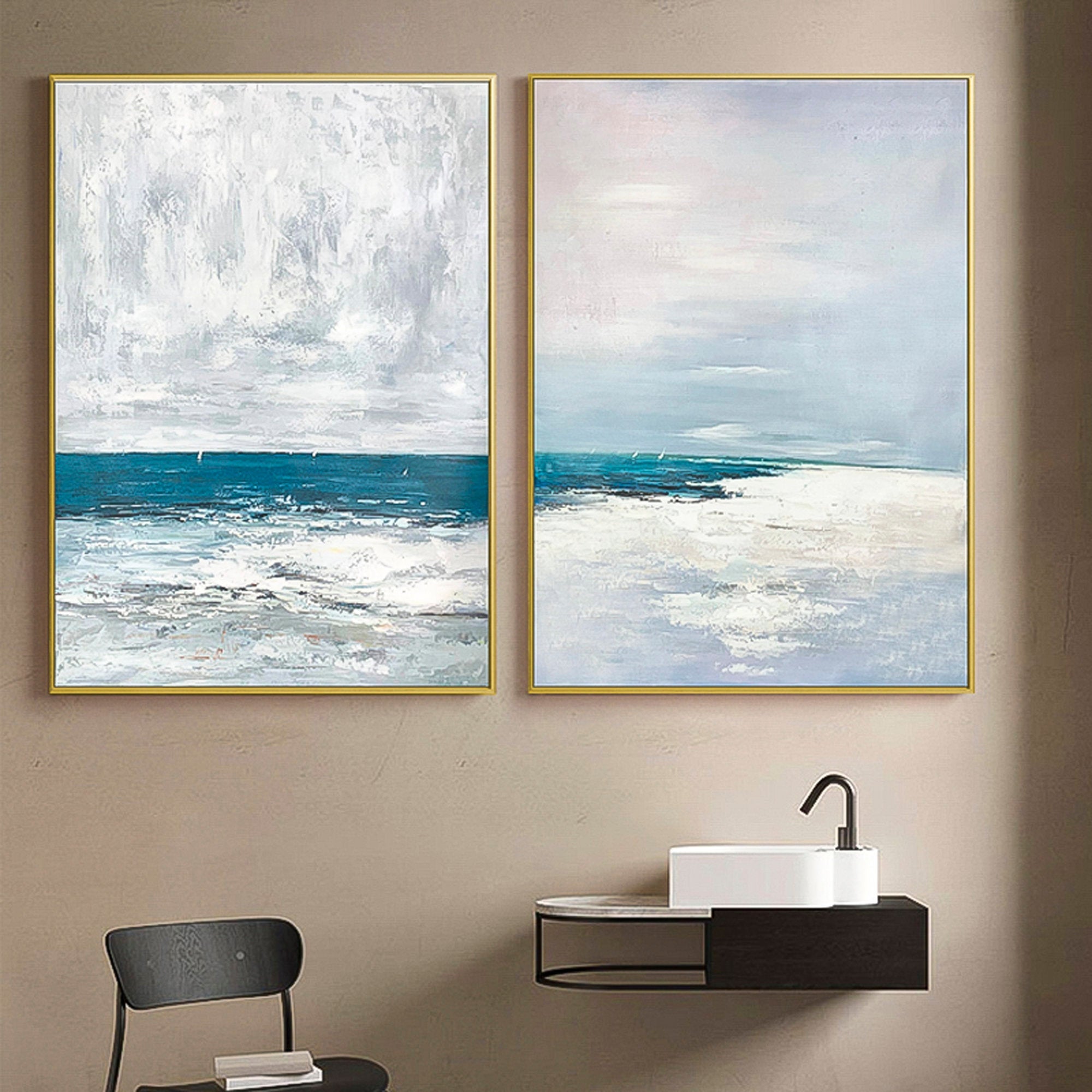 2 piece wall art gallery wall set White and Blue ocean Modern Abstract Oil Painting On Canvas with birds Set of 2 Vertical