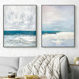 2 piece wall art gallery wall set White and Blue ocean Modern Abstract Oil Painting On Canvas with birds Set of 2 Vertical