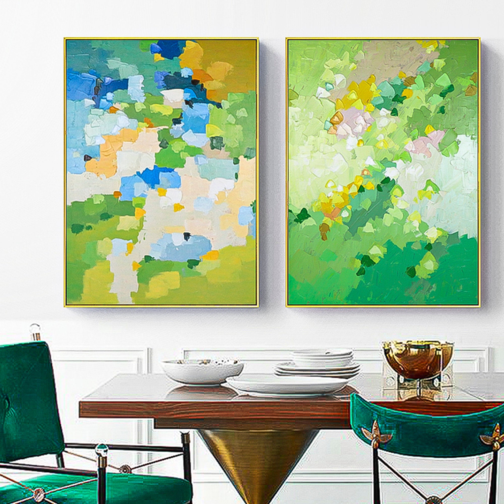 2 piece wall art gallery wall set greenery wall art Modern Abstract Oil Painting On Canvas Set of 2 Vertical designer wall art