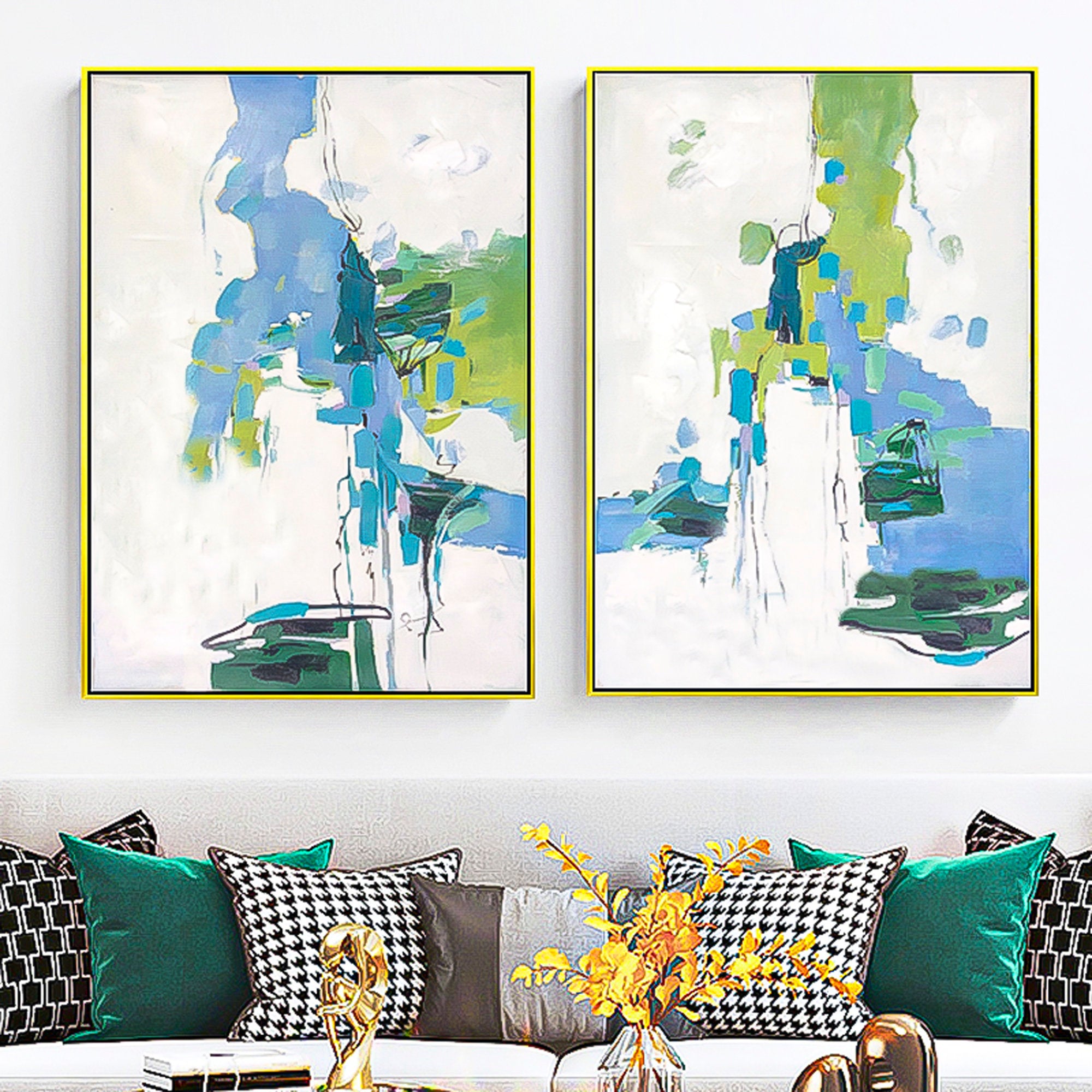 2 piece wall art gallery wall set blue greenery wall art abstract minimal boho art Modern Abstract Oil Painting On Canvas Set of 2 Vertical