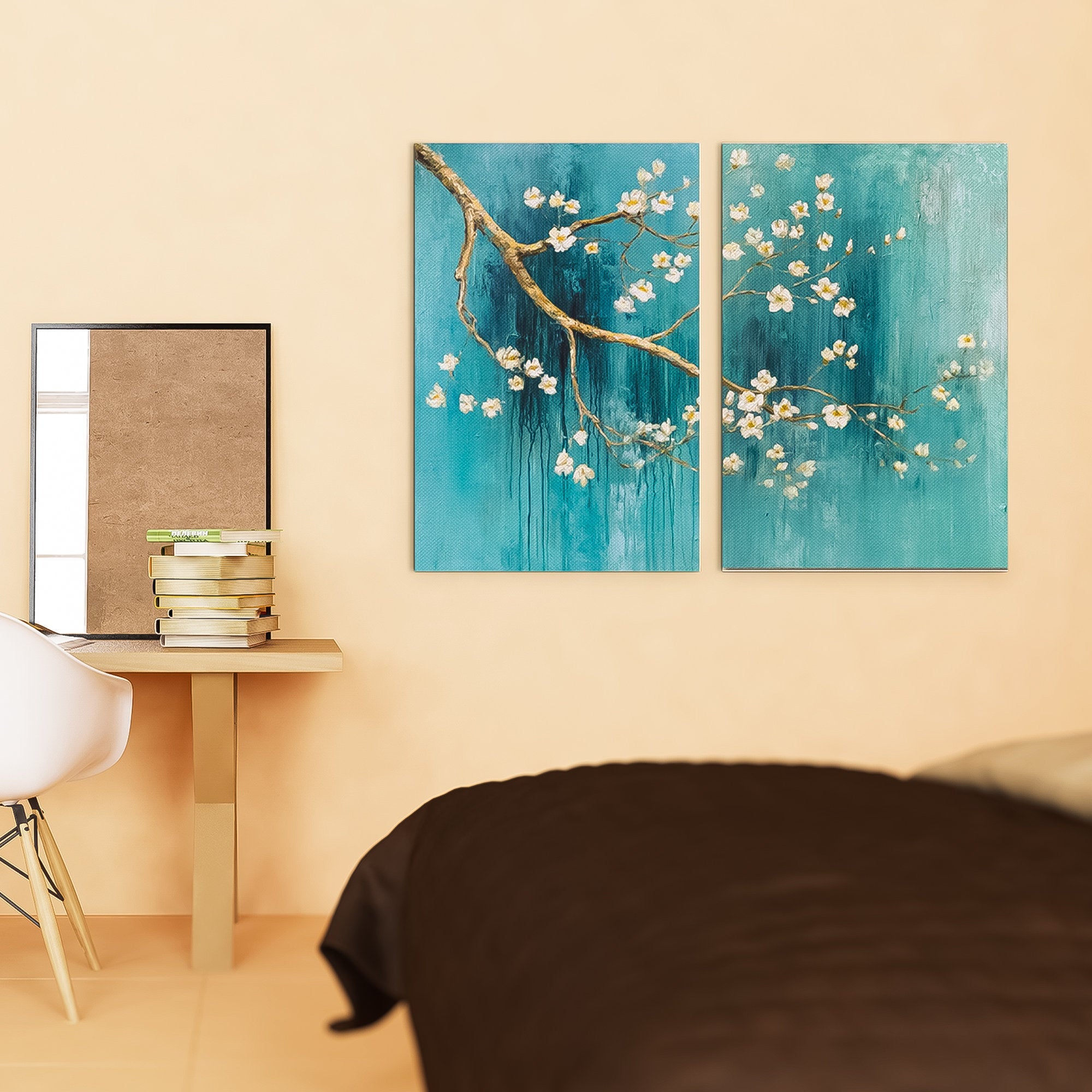 Sakura Tree Branch Art Oil Painting set of 2 Japanese zen wall art