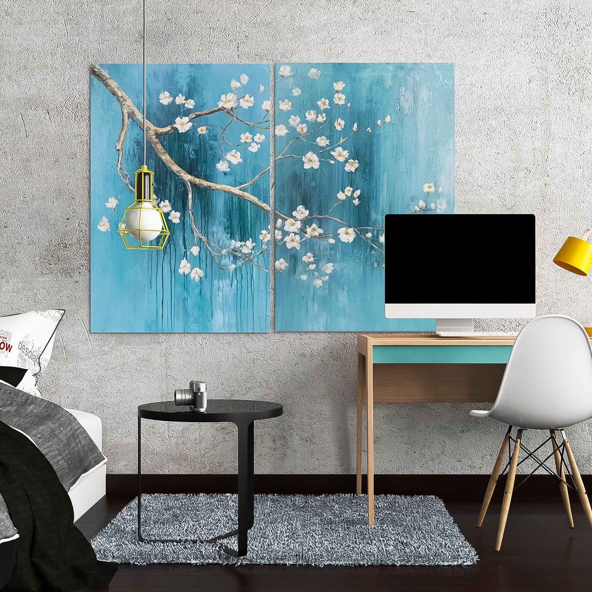 Sakura Tree Branch Art Oil Painting set of 2 Japanese zen wall art